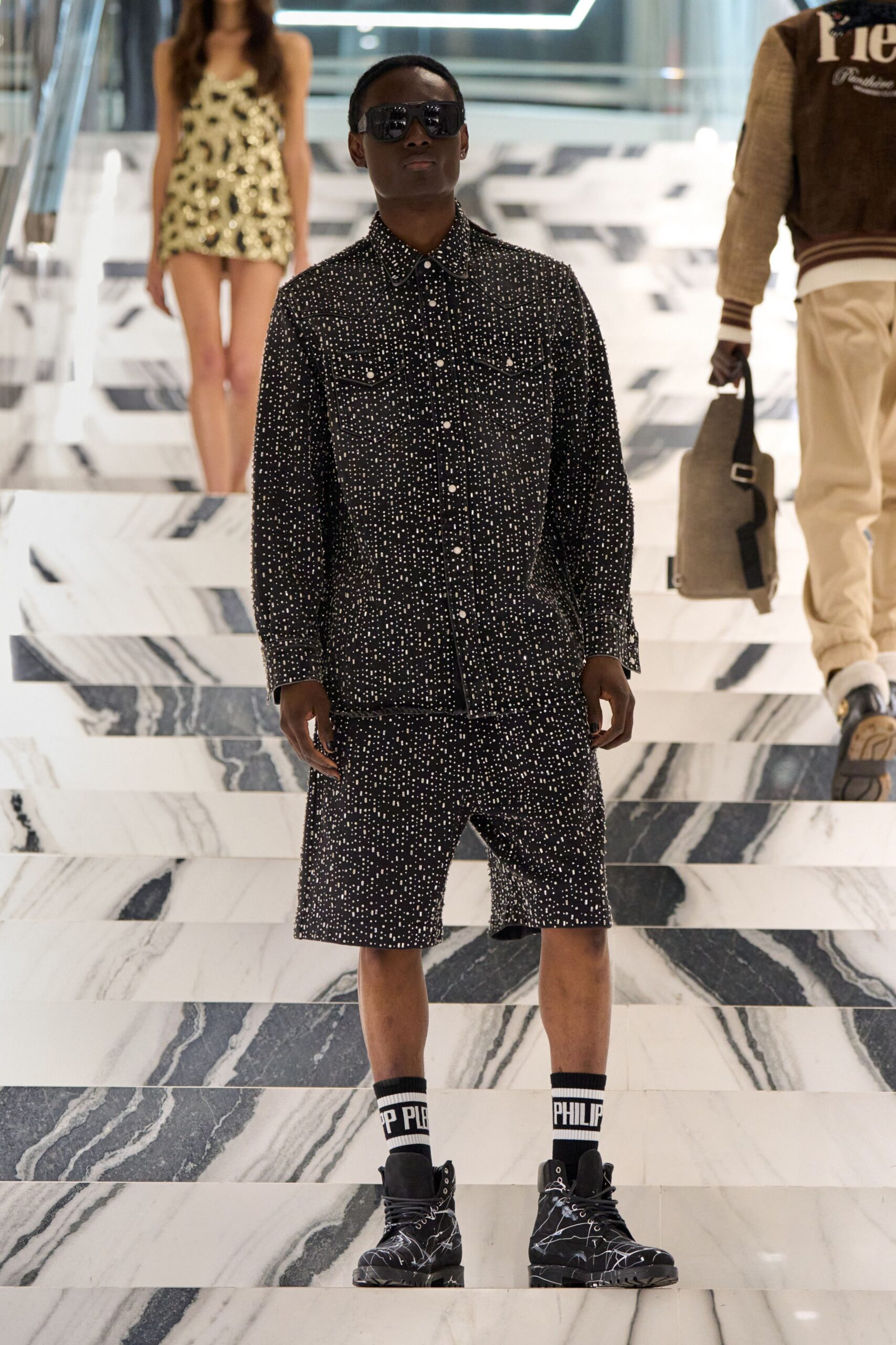 black and white printed shirt and shorts