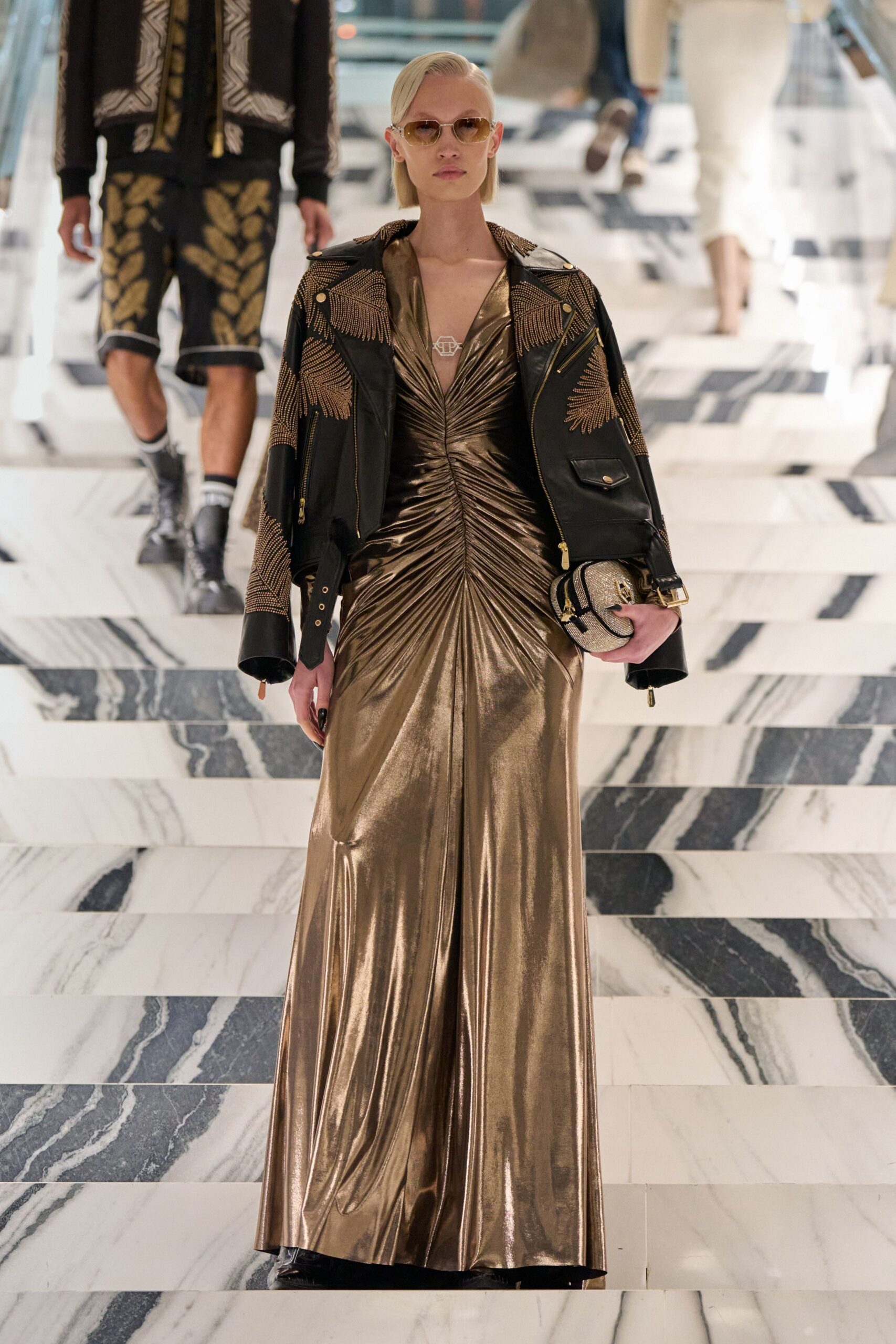 gold fitted gown with jacket