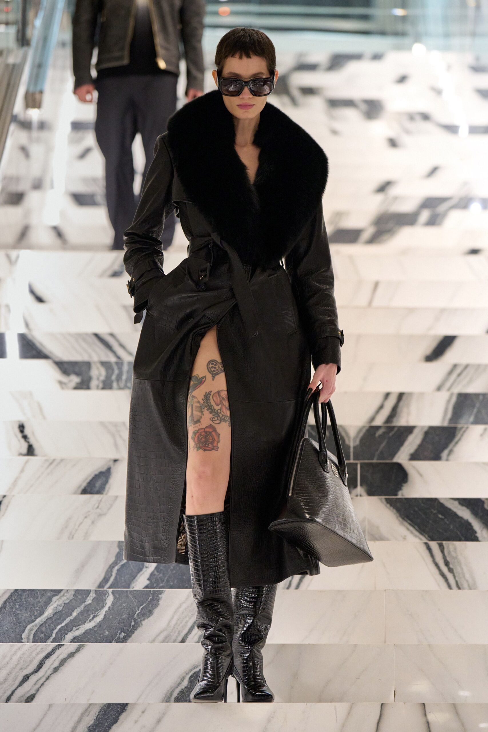 black leather fitted shiny boots