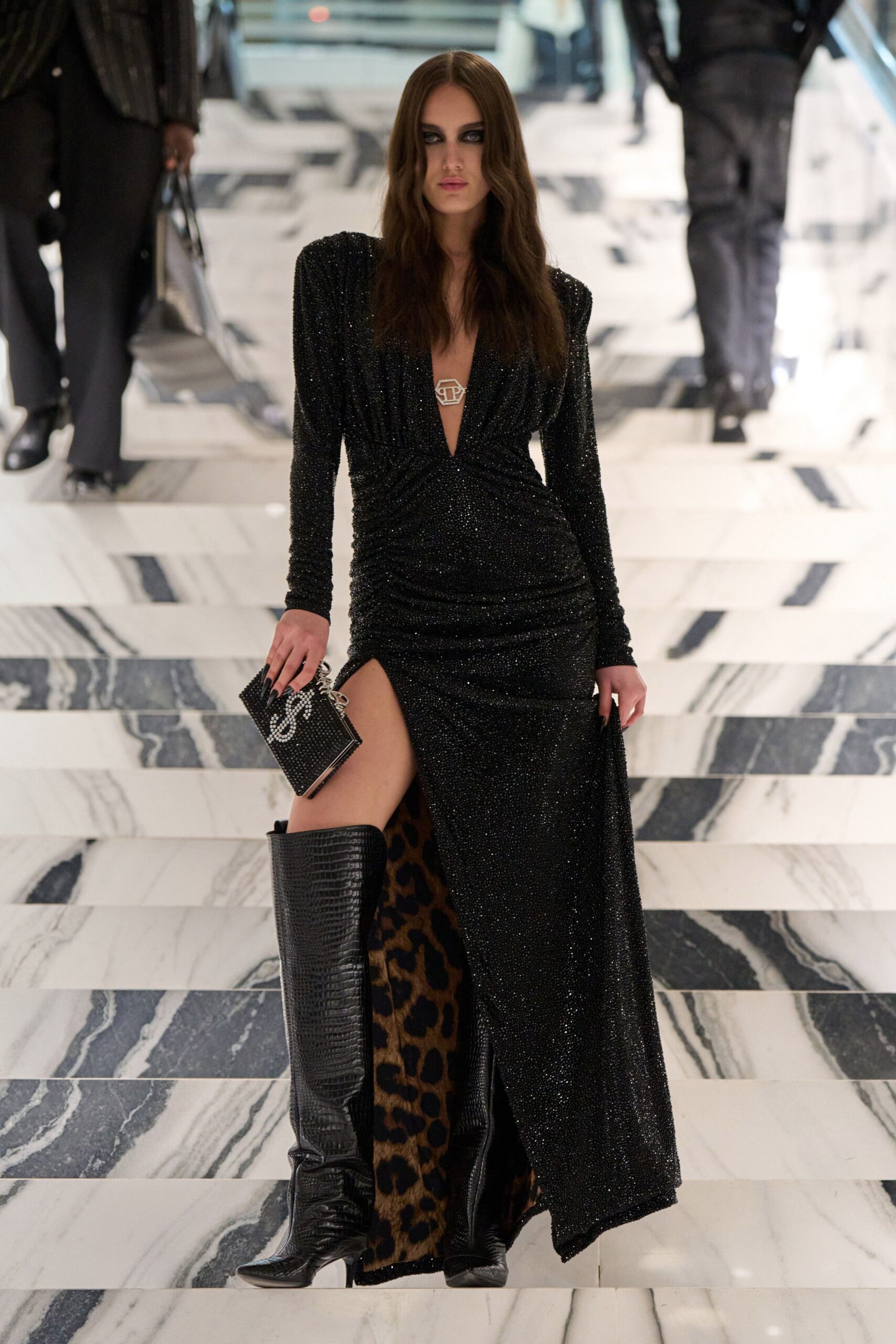 black velvet long-sleeve v-neck fitted ruched shiny gown