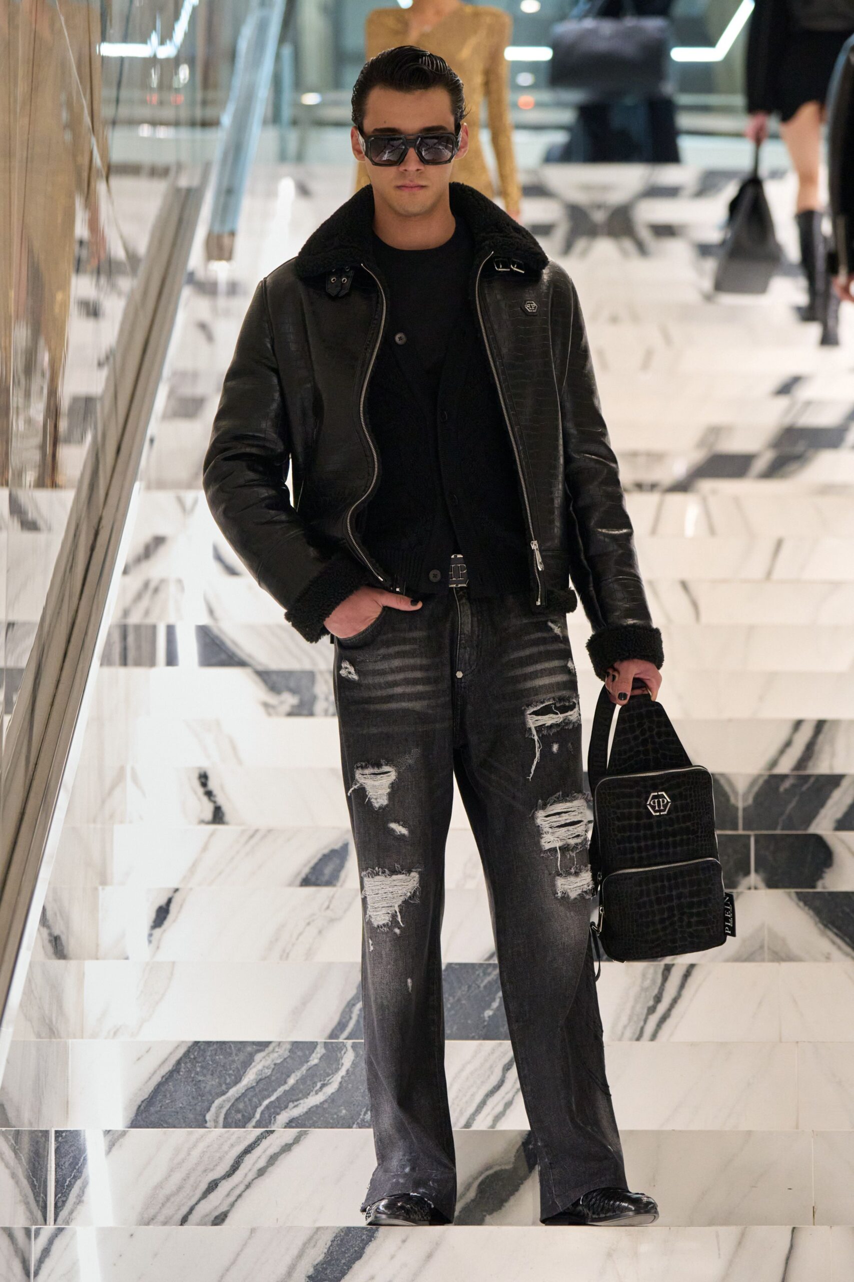 black leather jacket and jeans