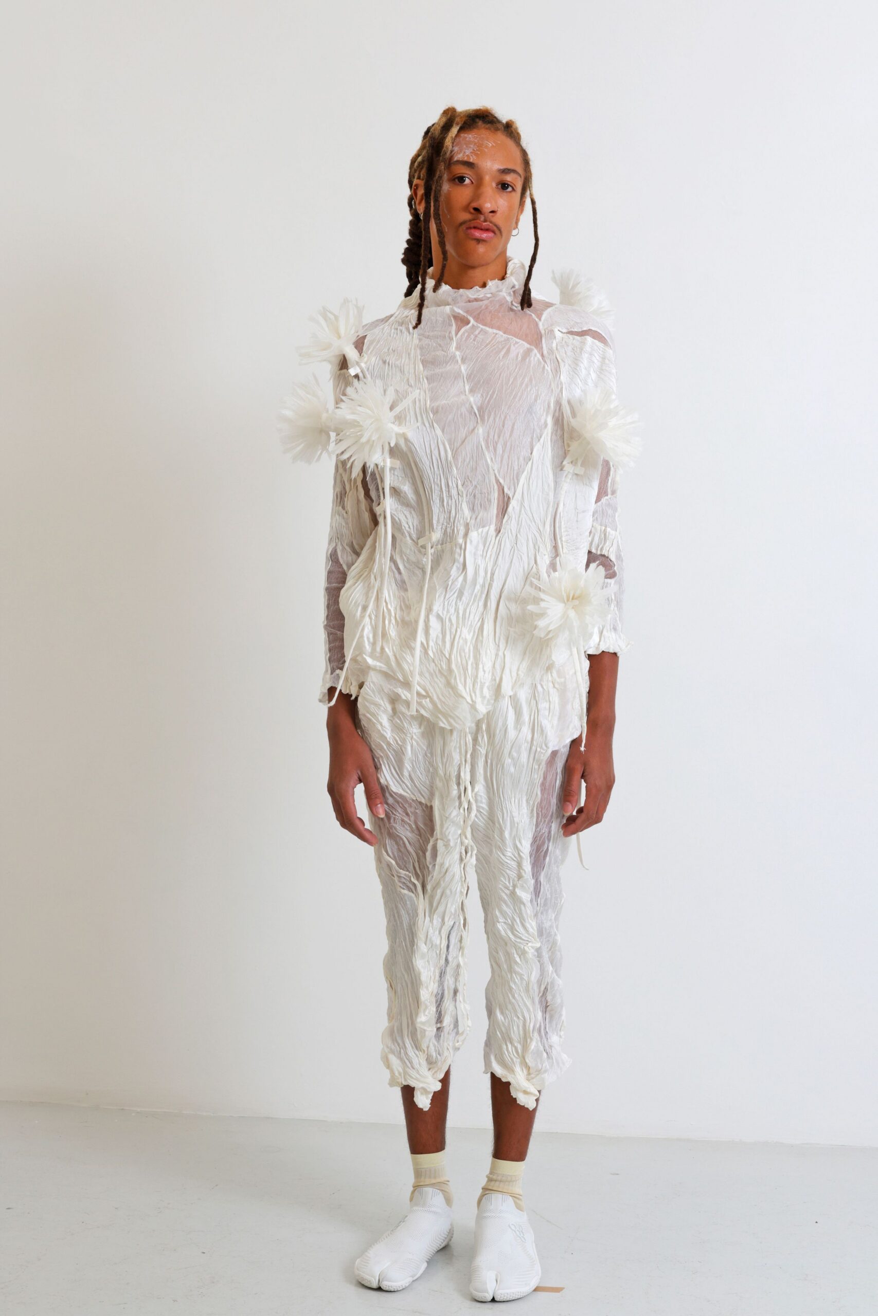white chiffon long-sleeve relaxed pleated sheer jumpsuit