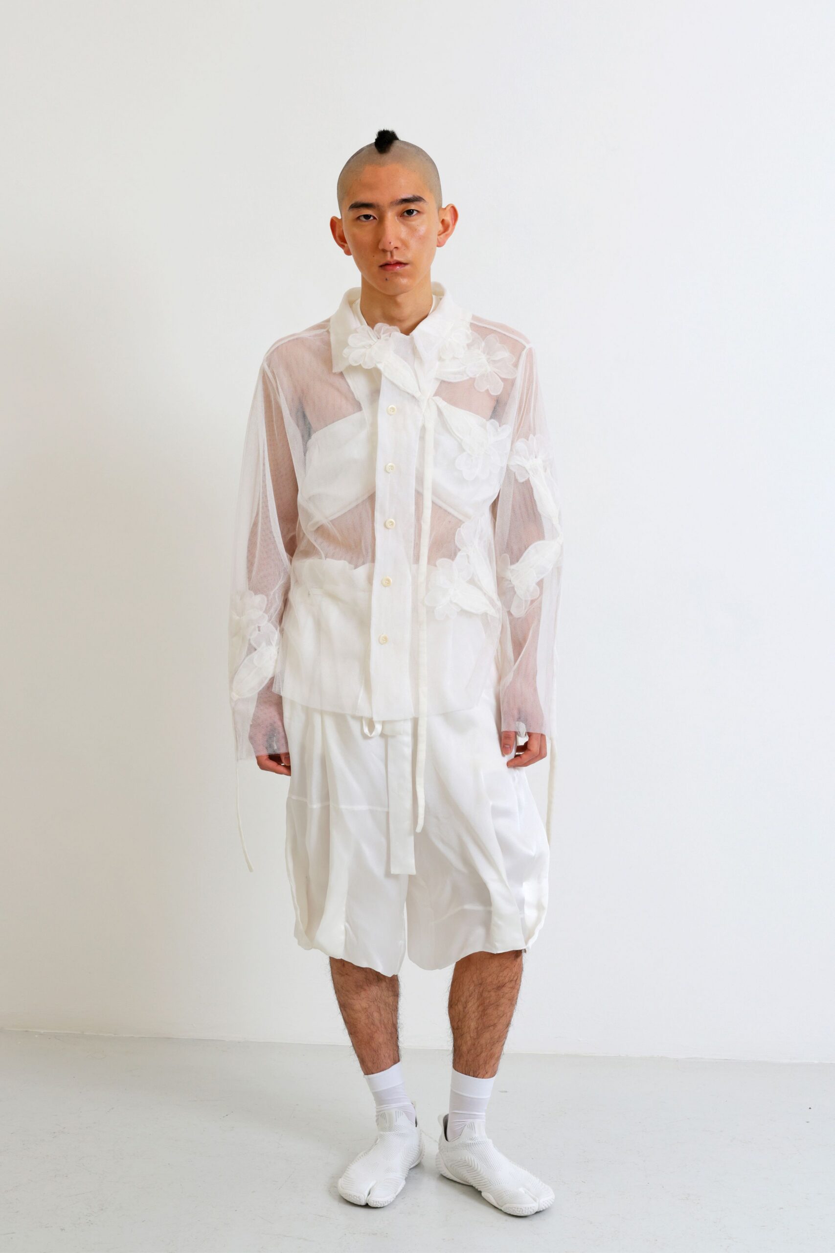 white cotton long-sleeve collared relaxed layered embroidered shirt