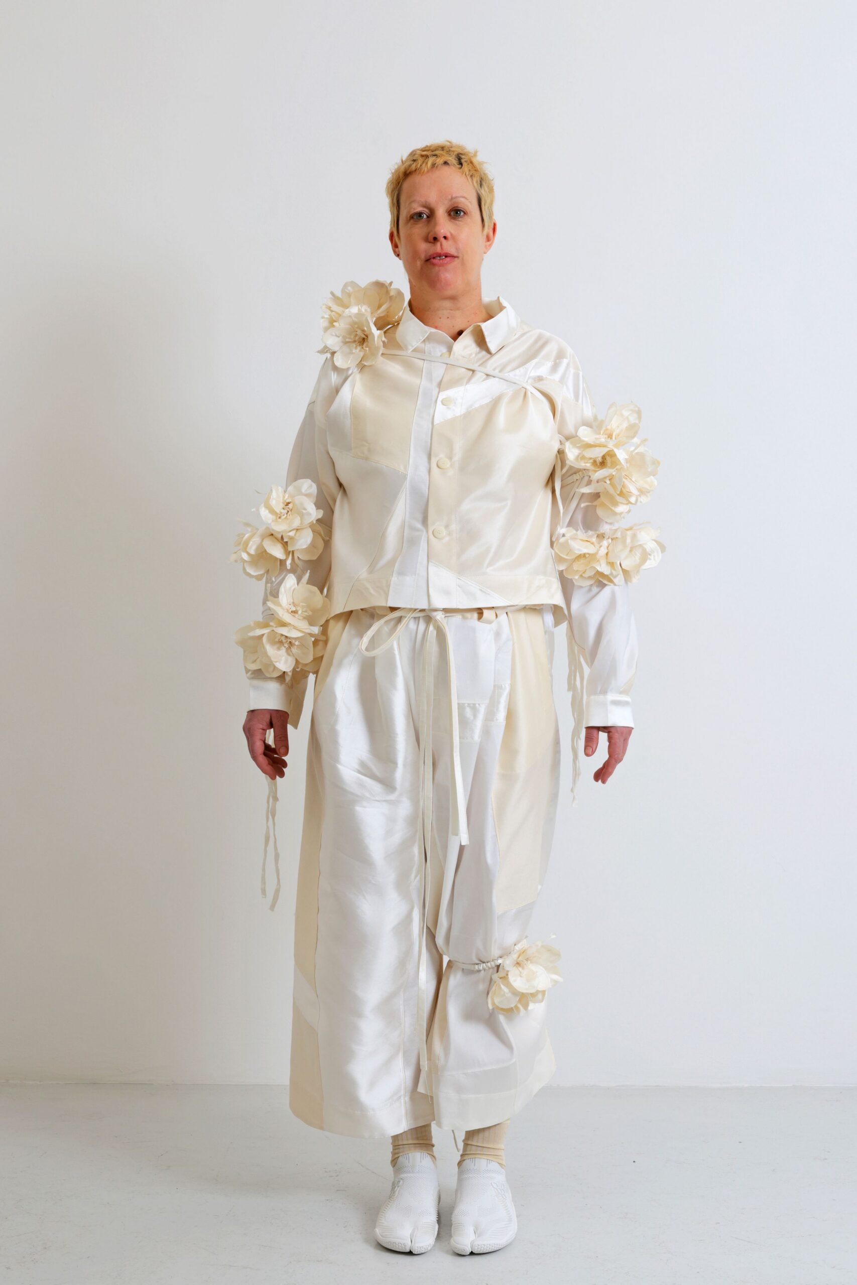 white silk relaxed zippered pants