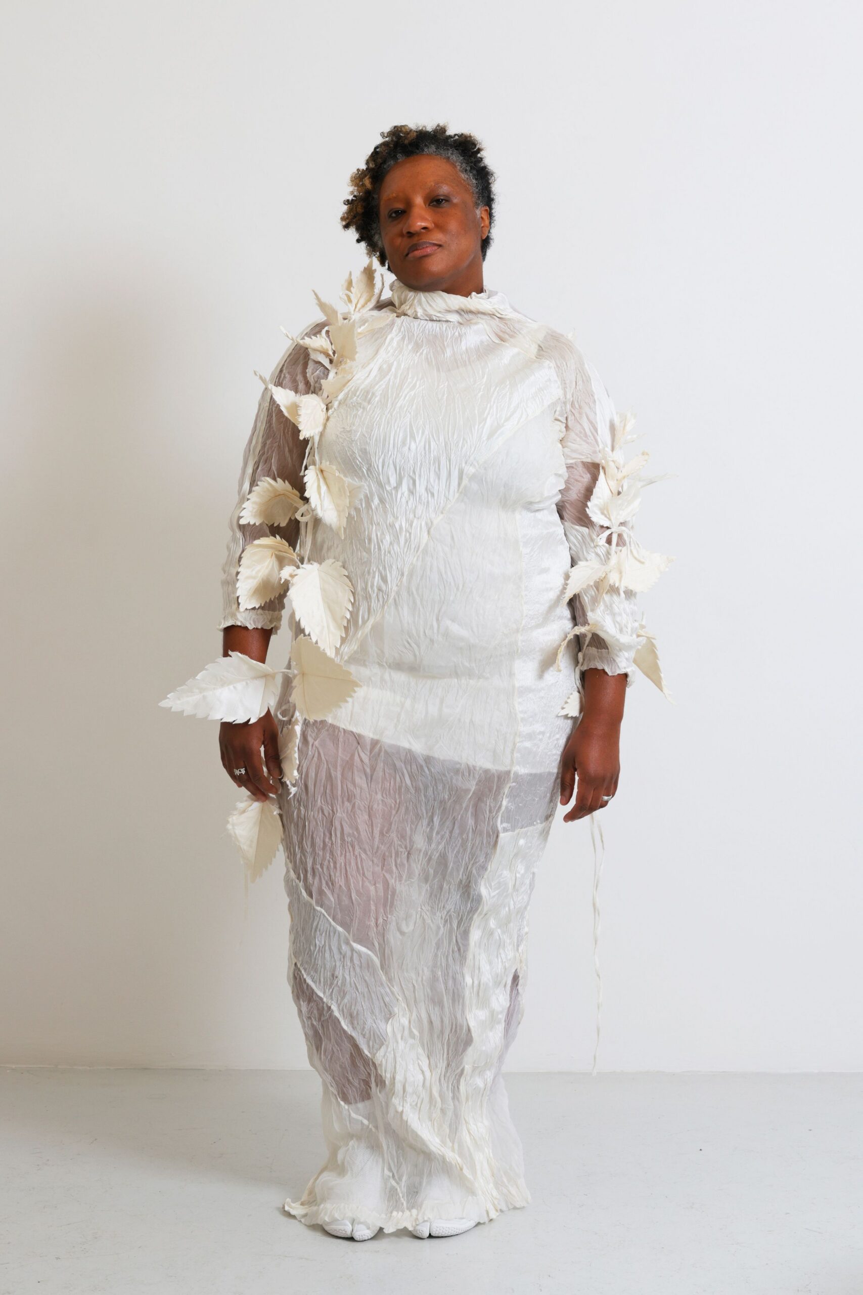 white sheer draped maxi dress