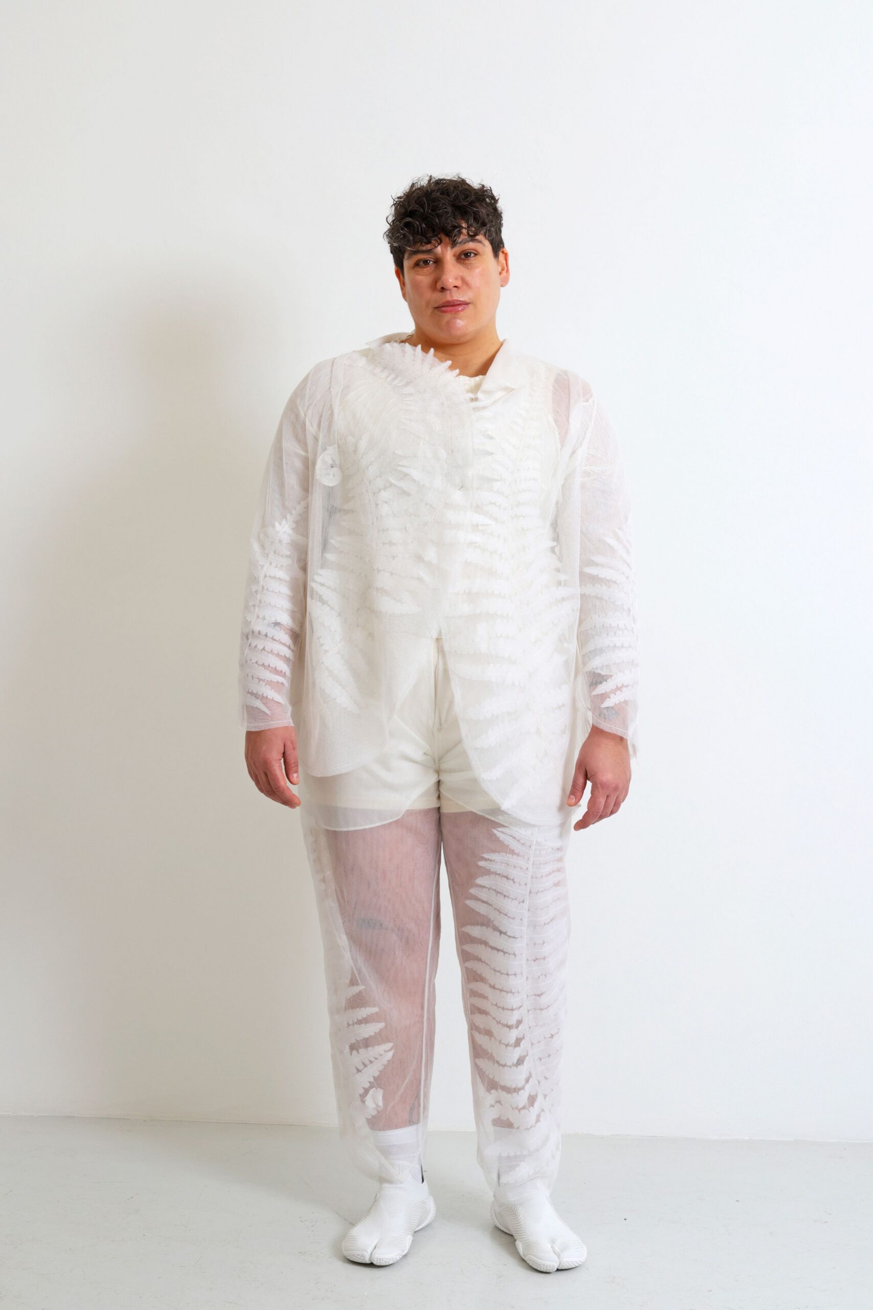 white mesh long-sleeve collared relaxed layered sheer jacket