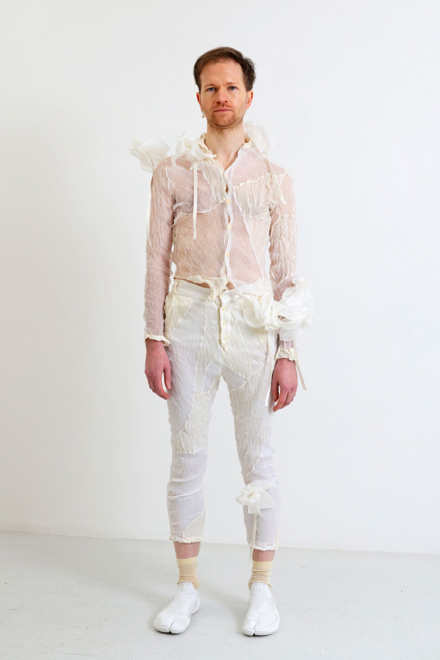 white cotton fitted straight-leg sheer pants