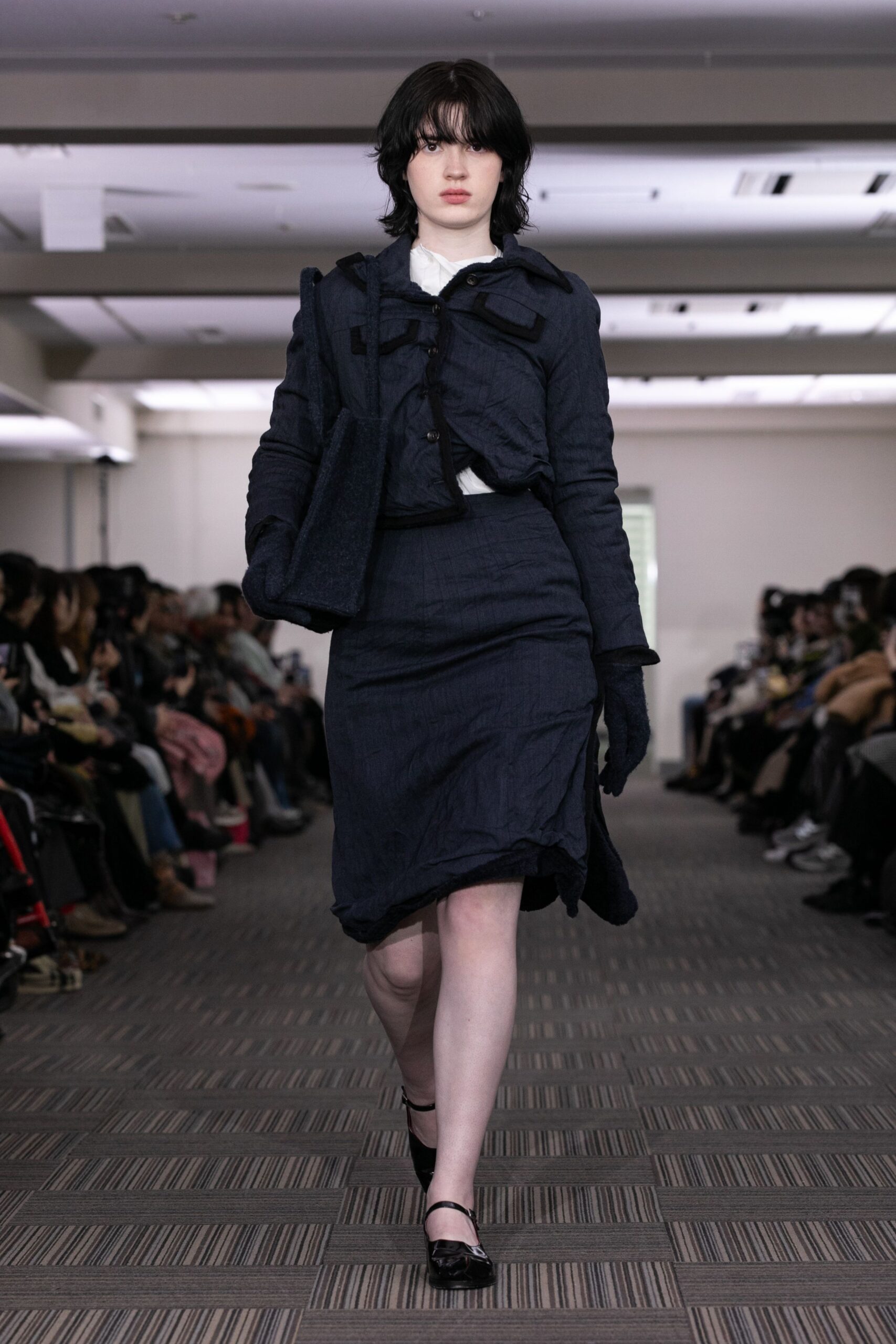 blue cotton long-sleeve collared structured buttoned jacket