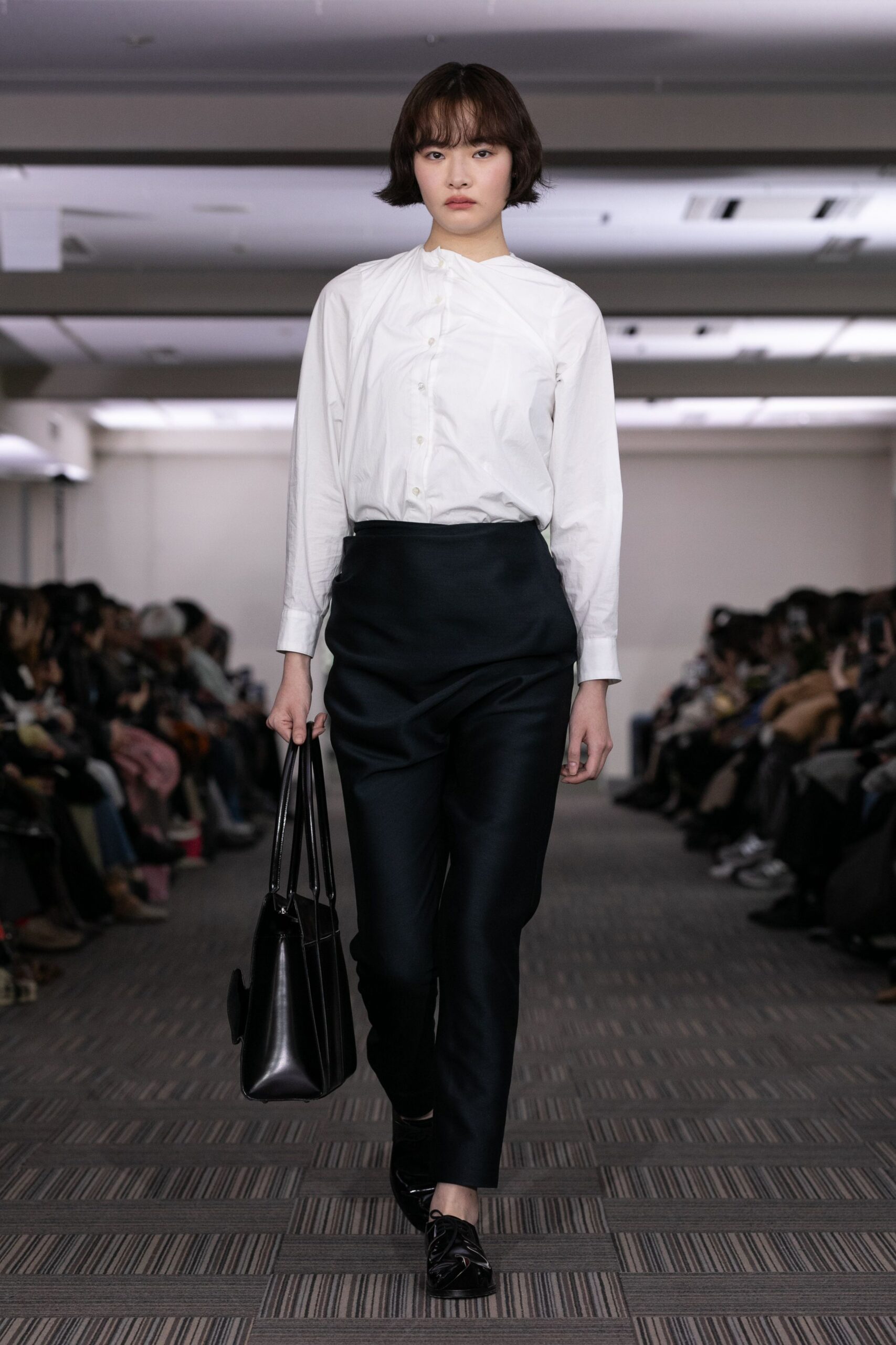white fitted shirt black tailored pants