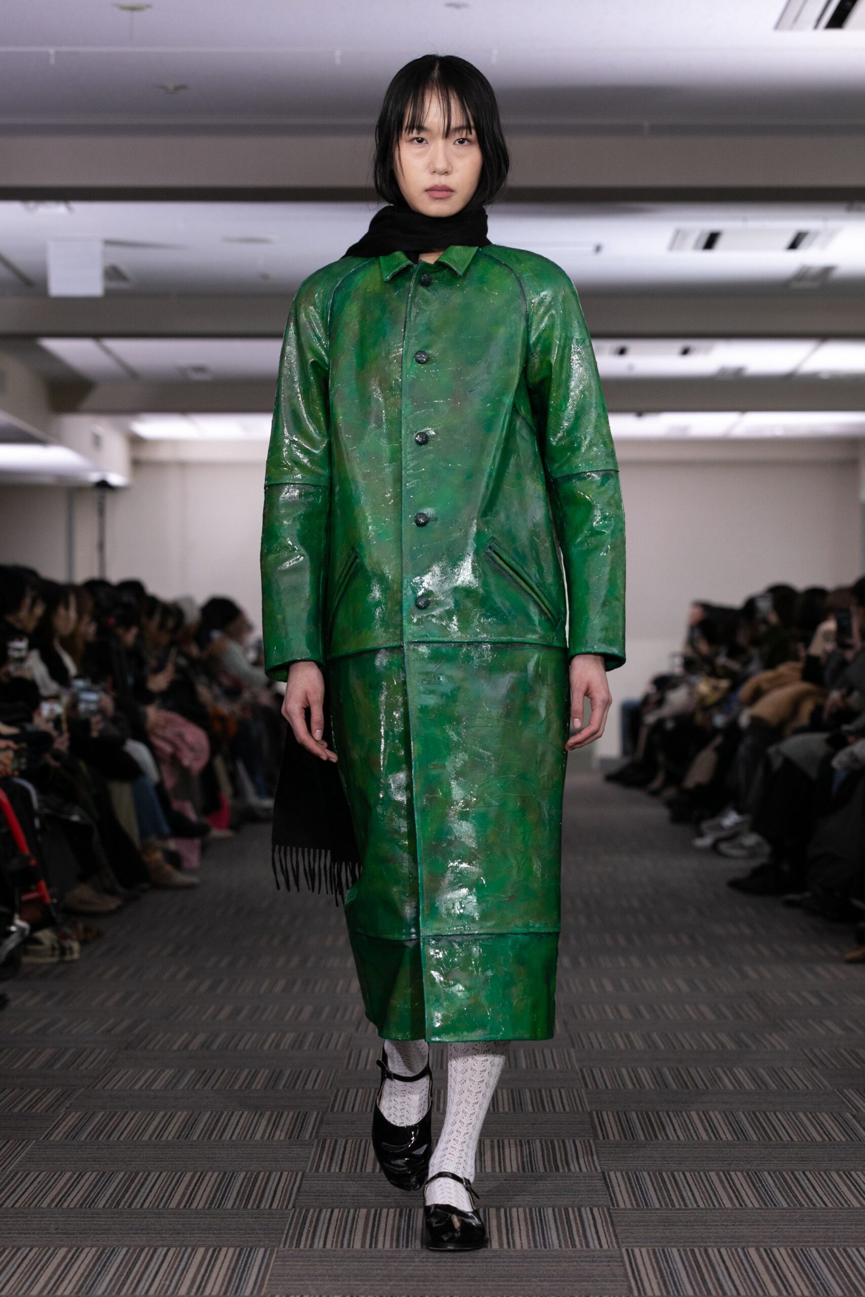 green vinyl long-sleeve collared relaxed buttoned shiny coat