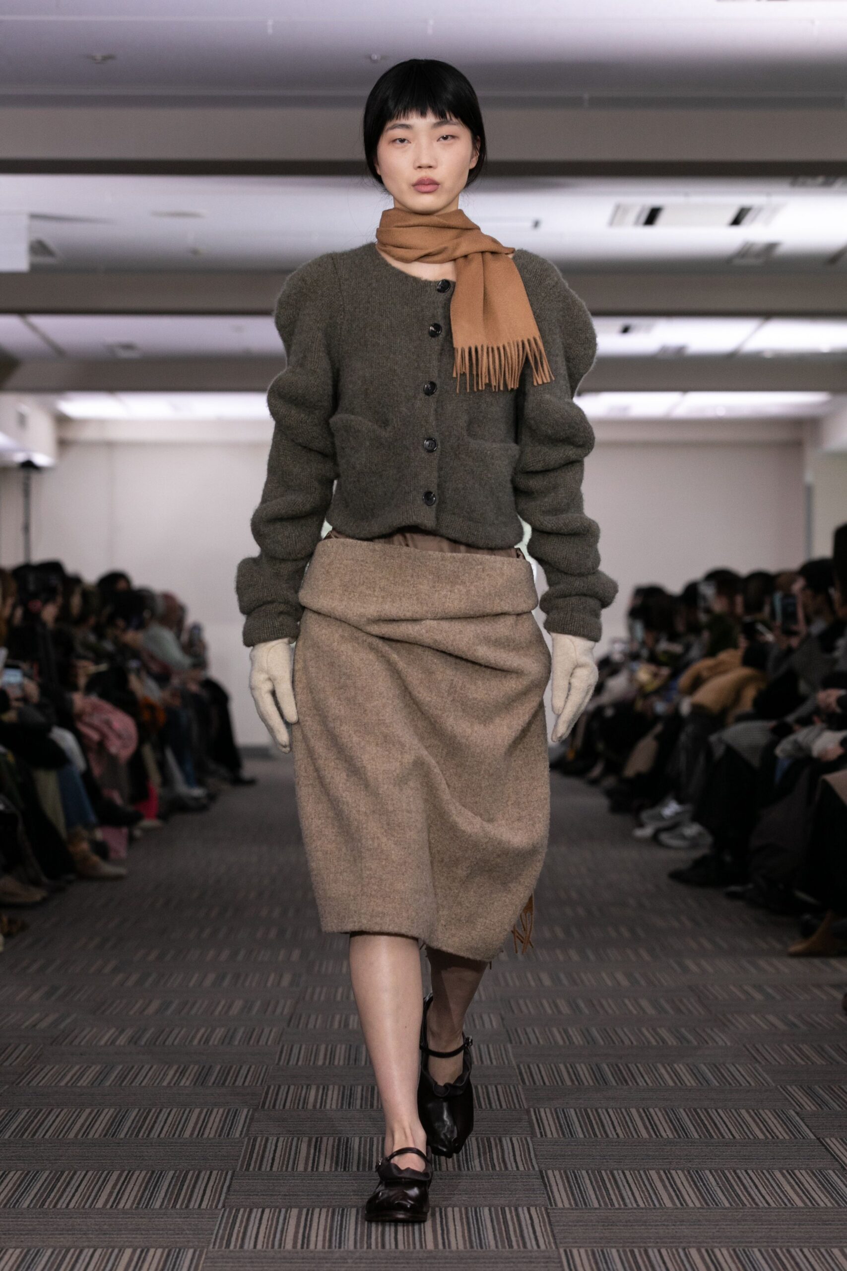 gray wool cardigan with beige pencil skirt