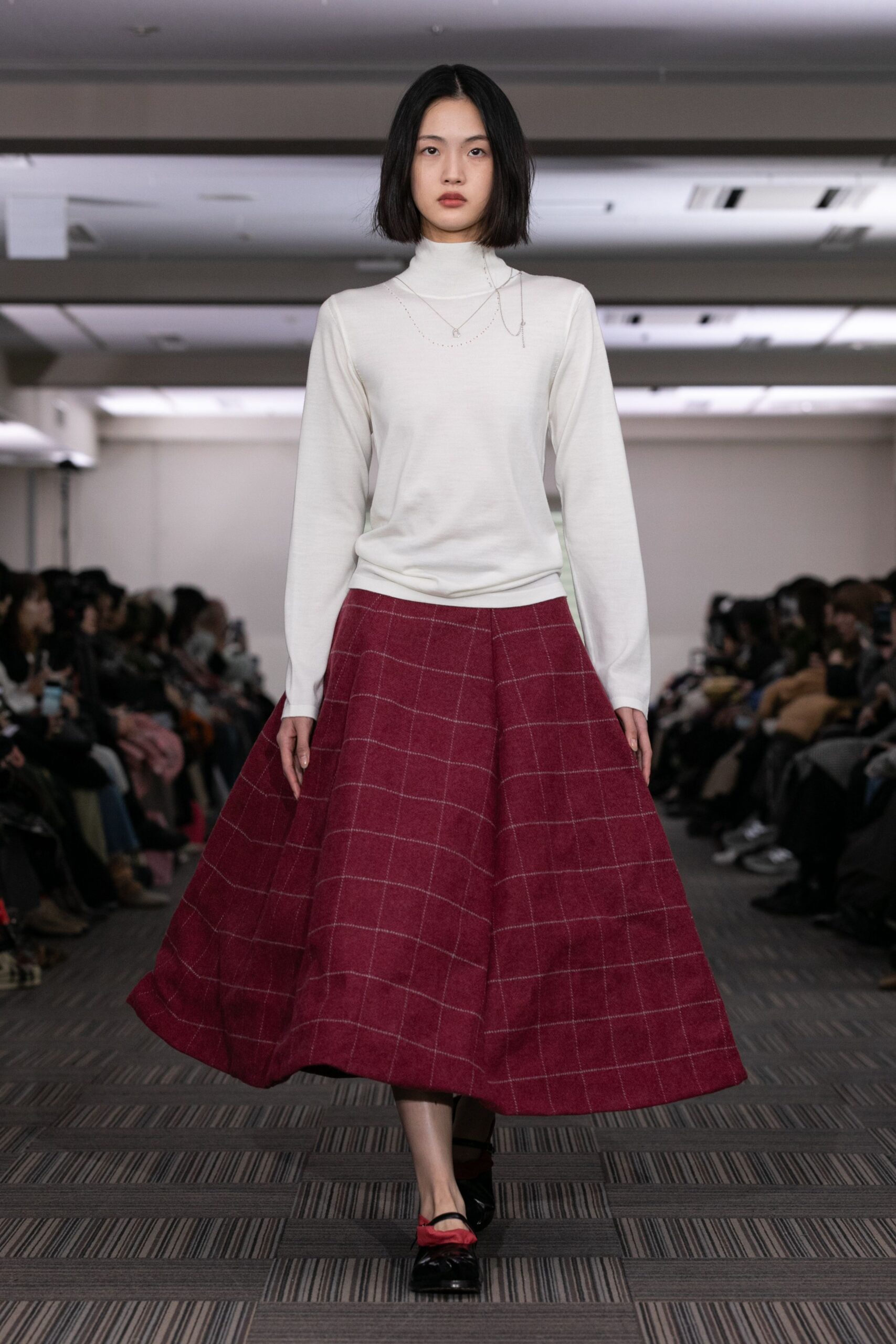 red wool relaxed checked maxi skirt
