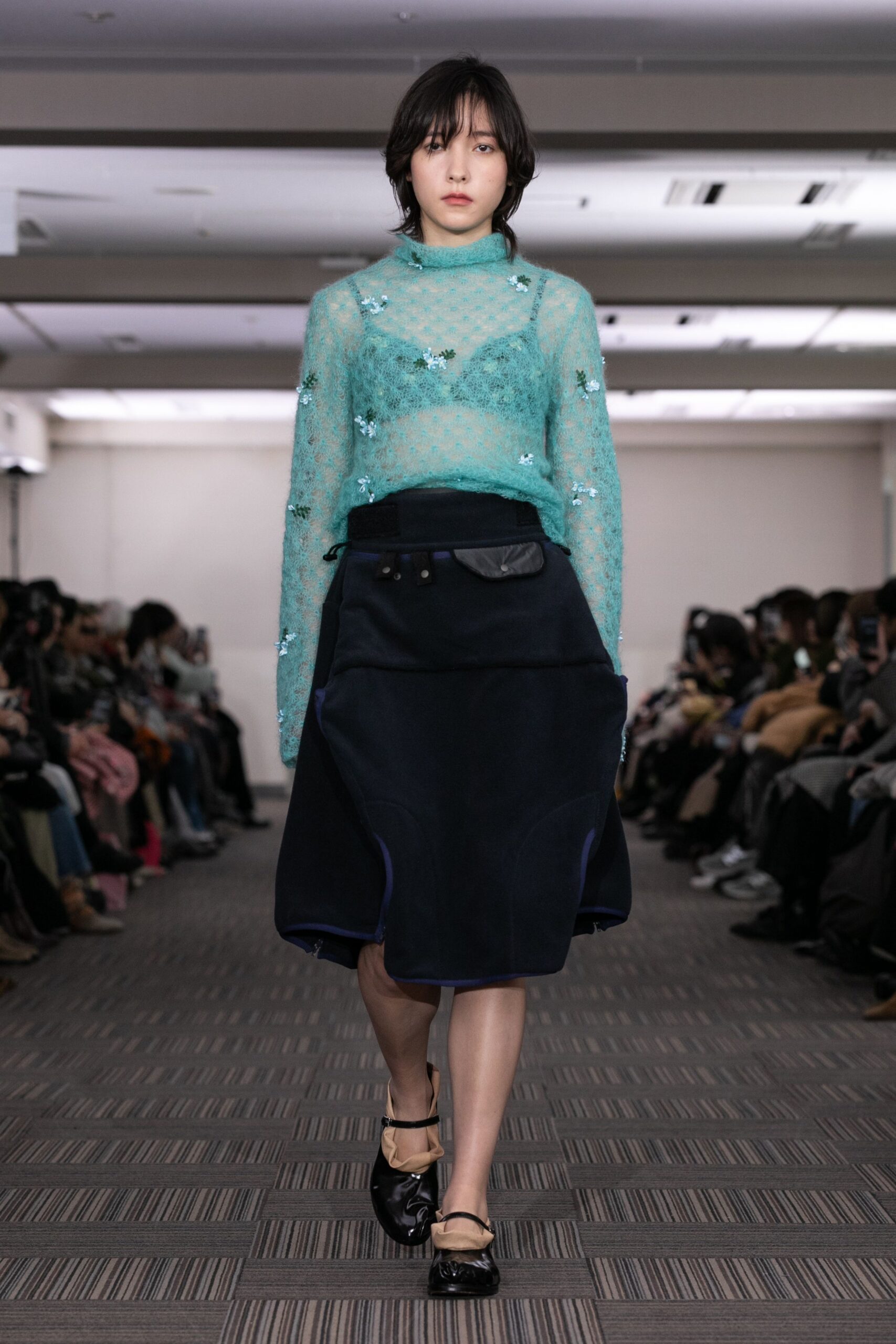 blue mesh long-sleeve high-neck fitted embroidered sheer top