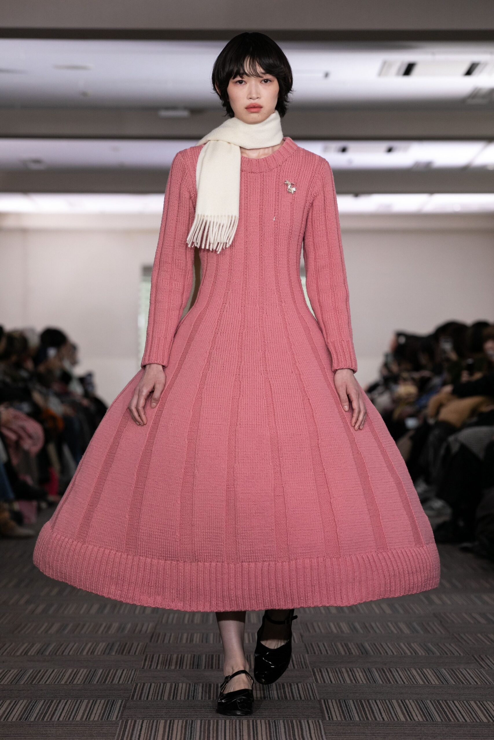 pink wool long-sleeve high-neck fitted pleated a-line dress
