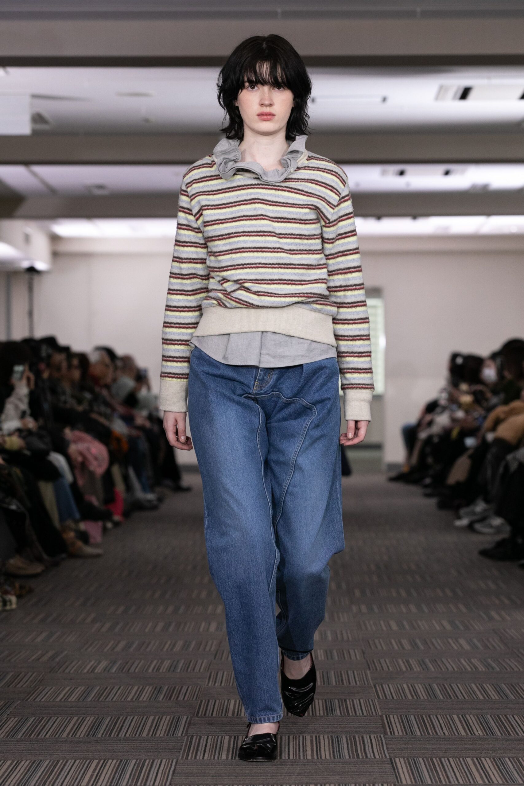 relaxed striped sweater with denim pants