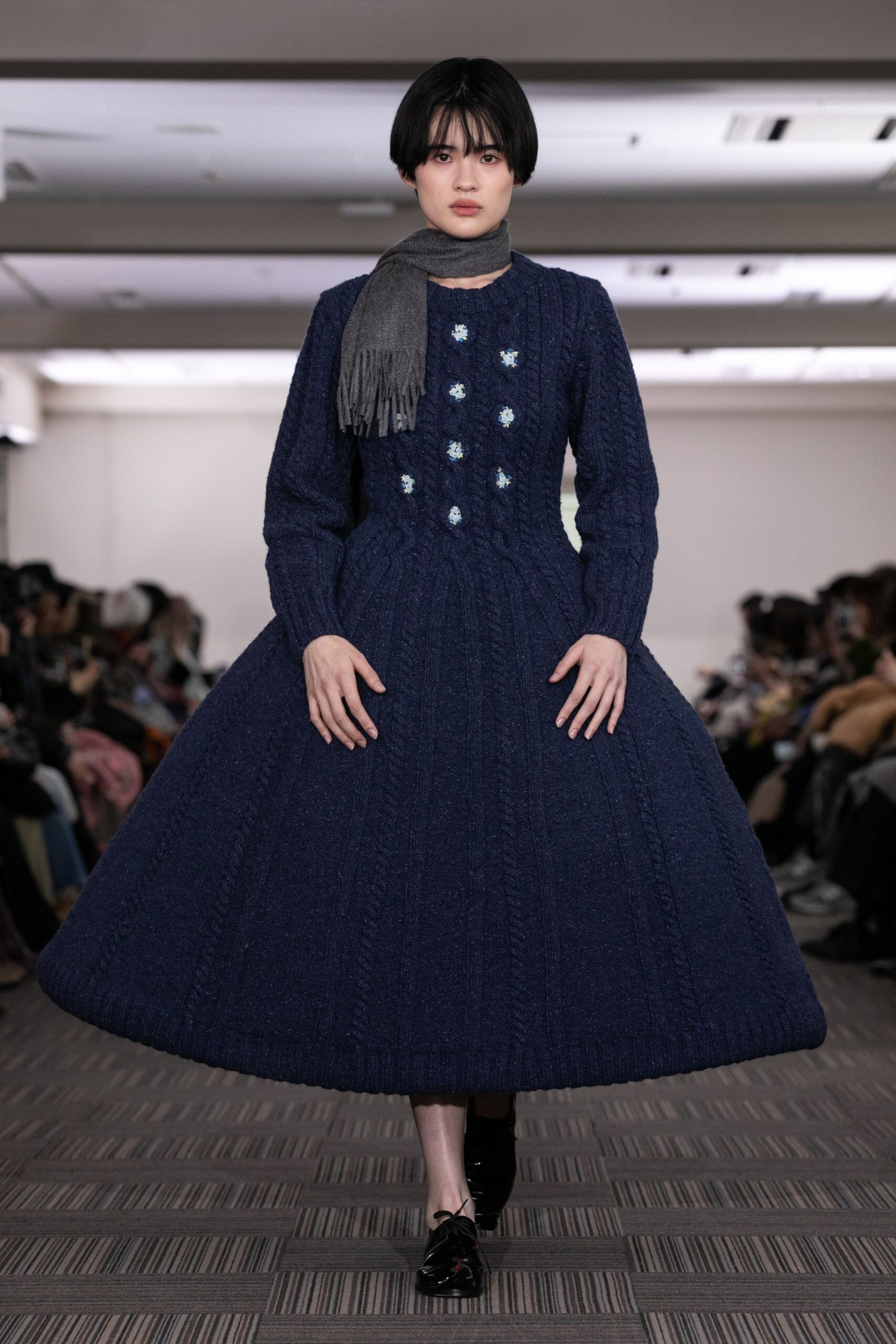 blue wool long-sleeve collared fitted pleated buttoned dress