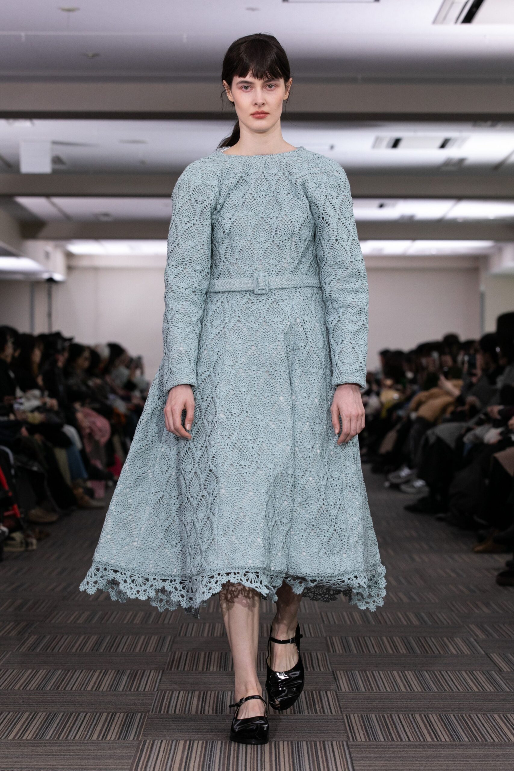 blue lace long-sleeve collared fitted belted tiered dress