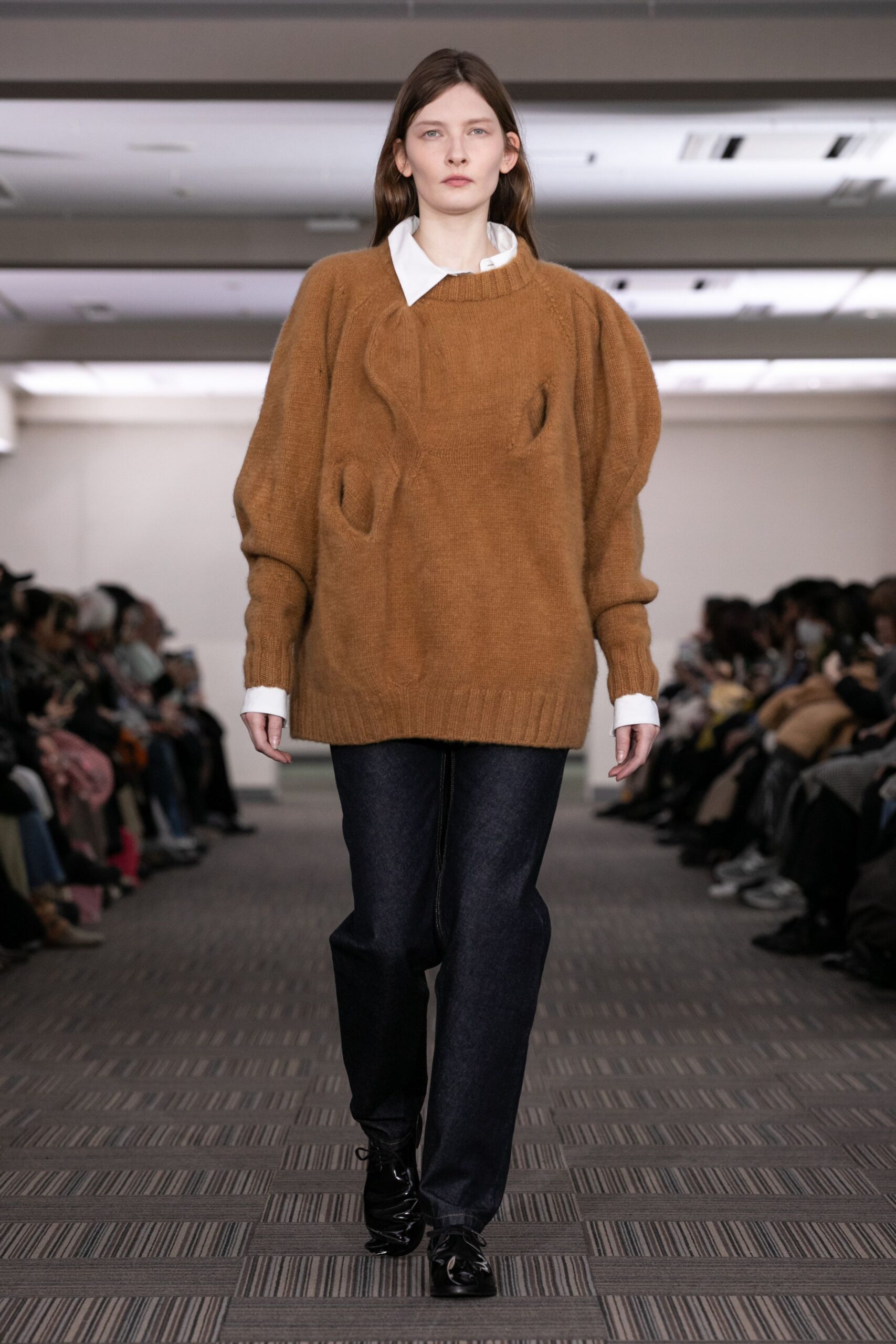 brown wool long-sleeve collared oversized textured sweater