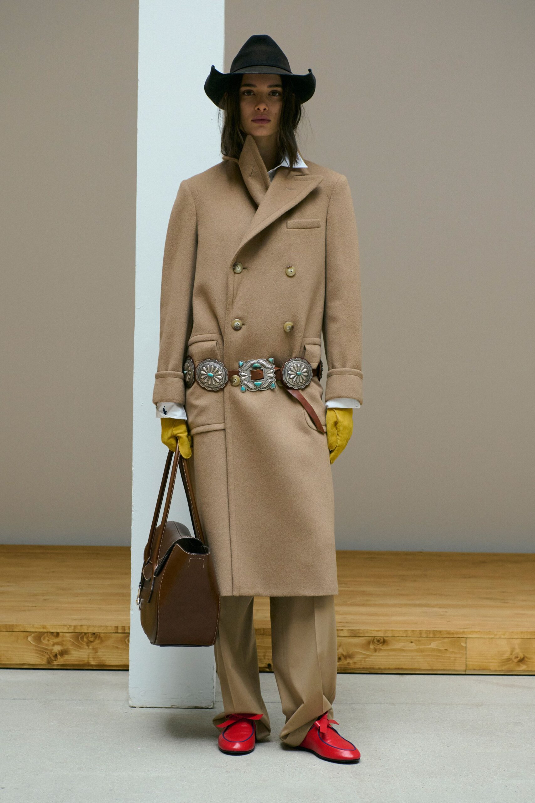 beige wool long-sleeve collared structured buttoned coat
