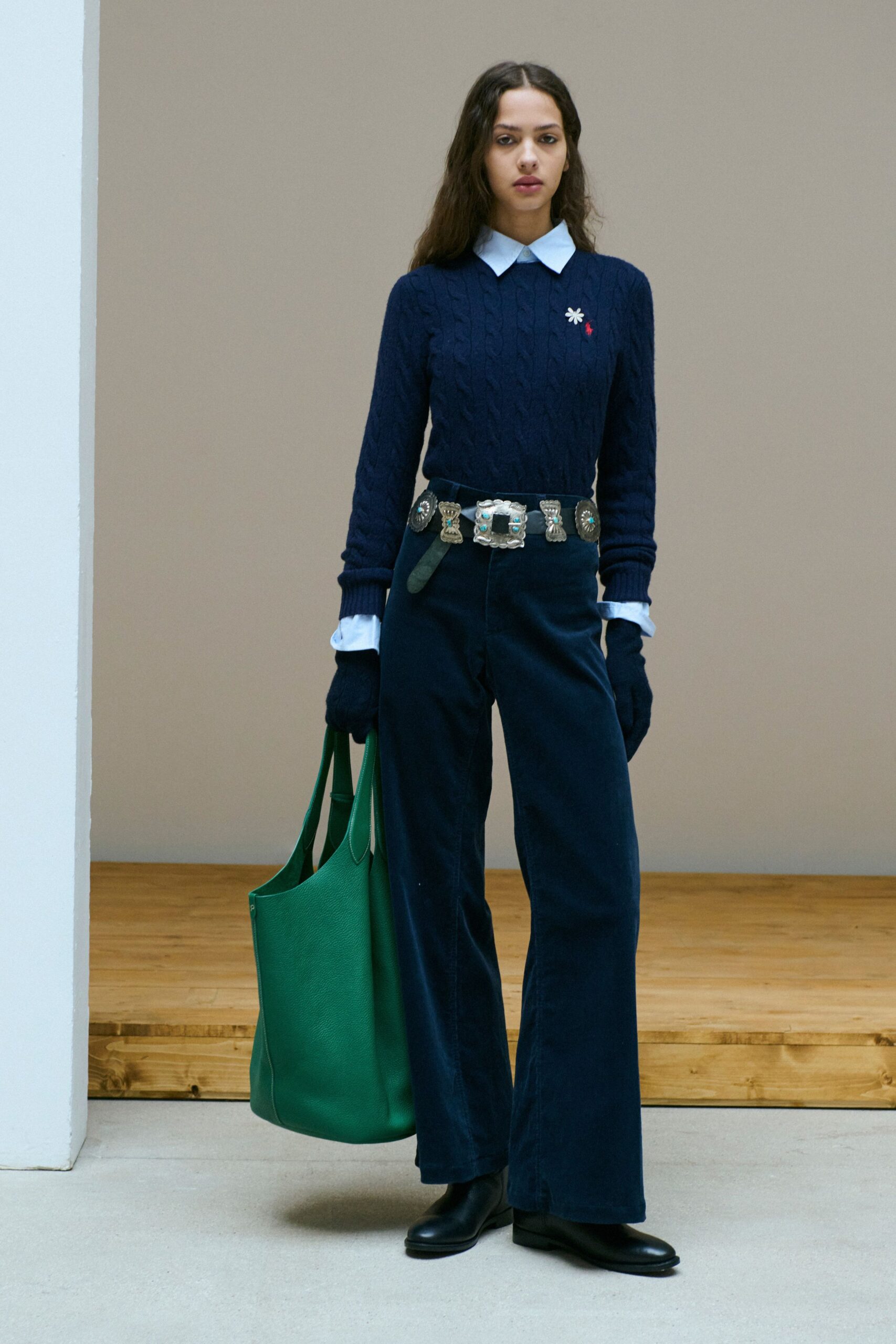 blue cotton long-sleeve collared fitted ribbed sweater