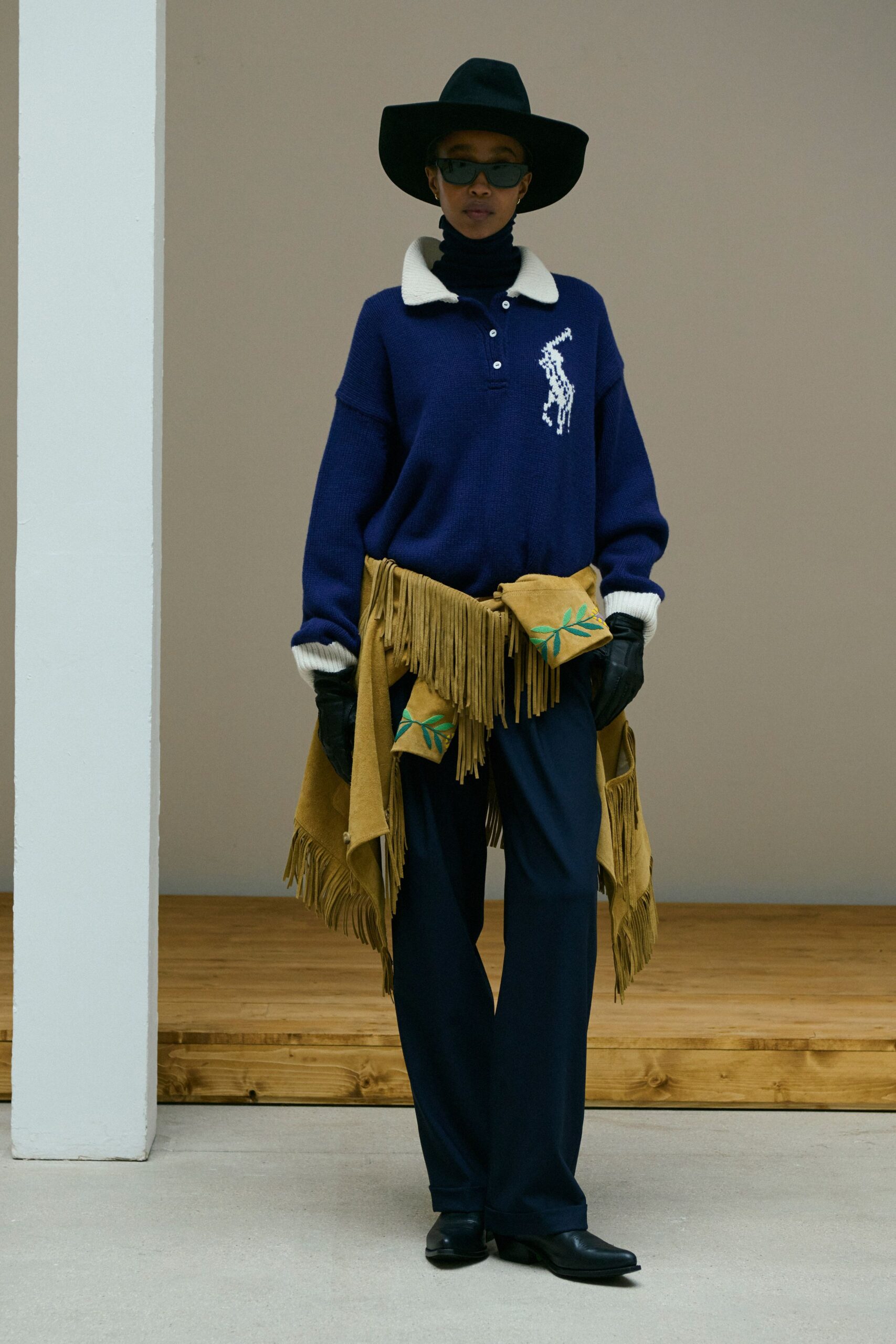 blue cotton long-sleeve collared relaxed embroidered sweater
