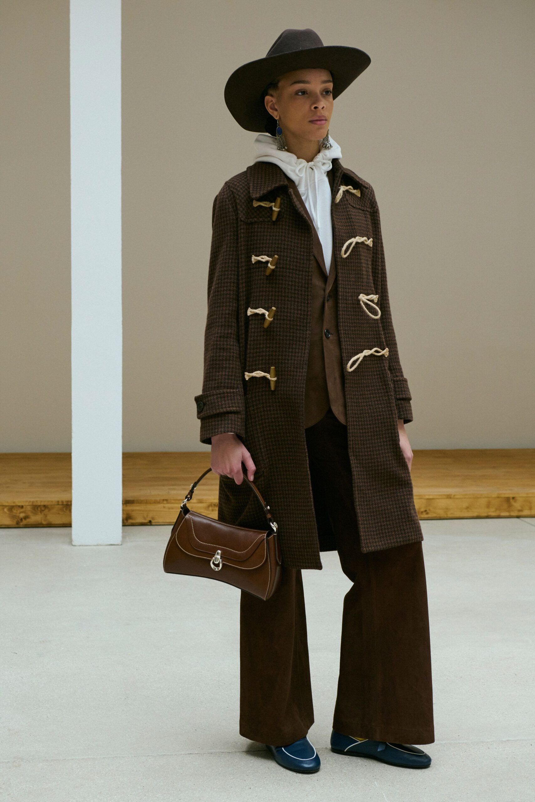 brown cotton fitted high-waisted flared pants