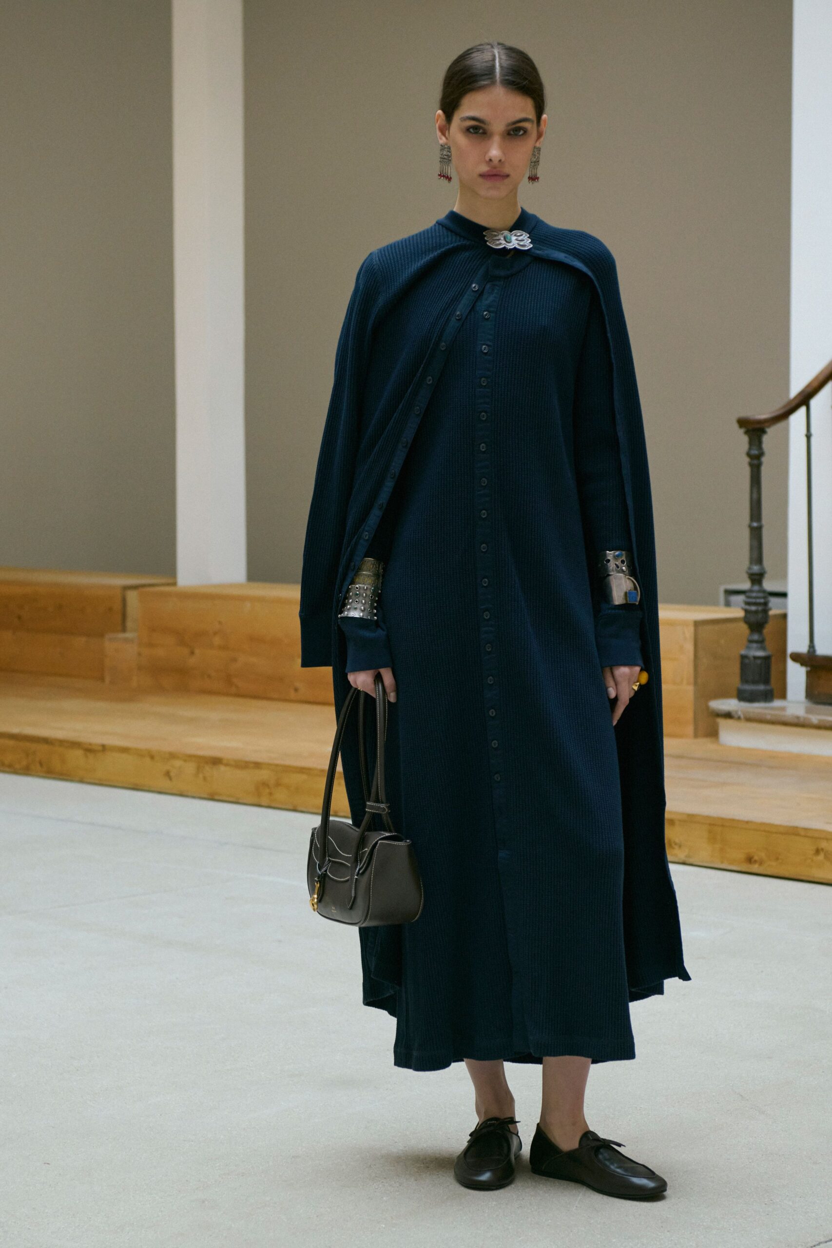 blue cotton long-sleeve collared fitted buttoned tiered dress