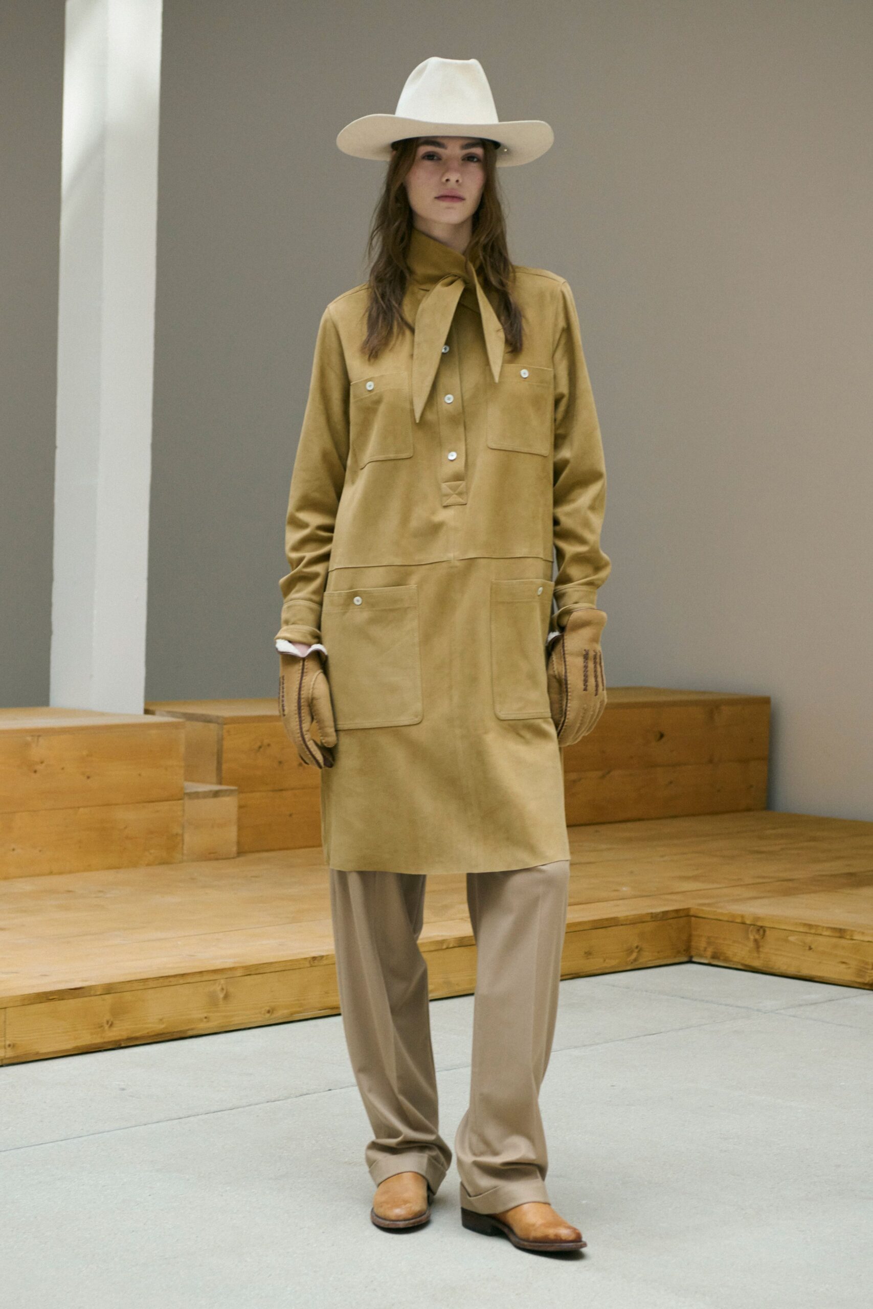 brown suede long-sleeve collared relaxed pockets buttoned dress