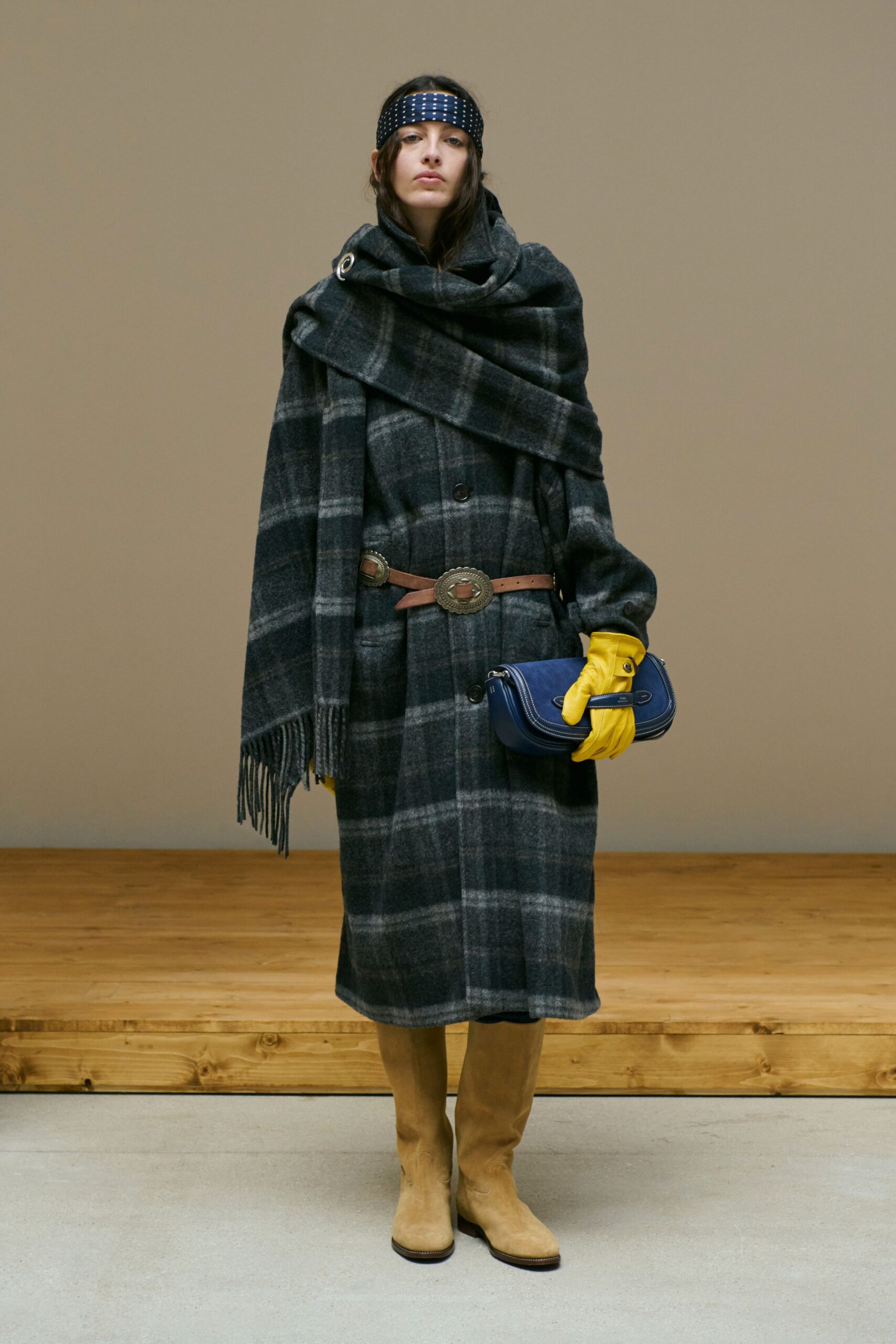 gray wool long-sleeve collared relaxed checked belted coat