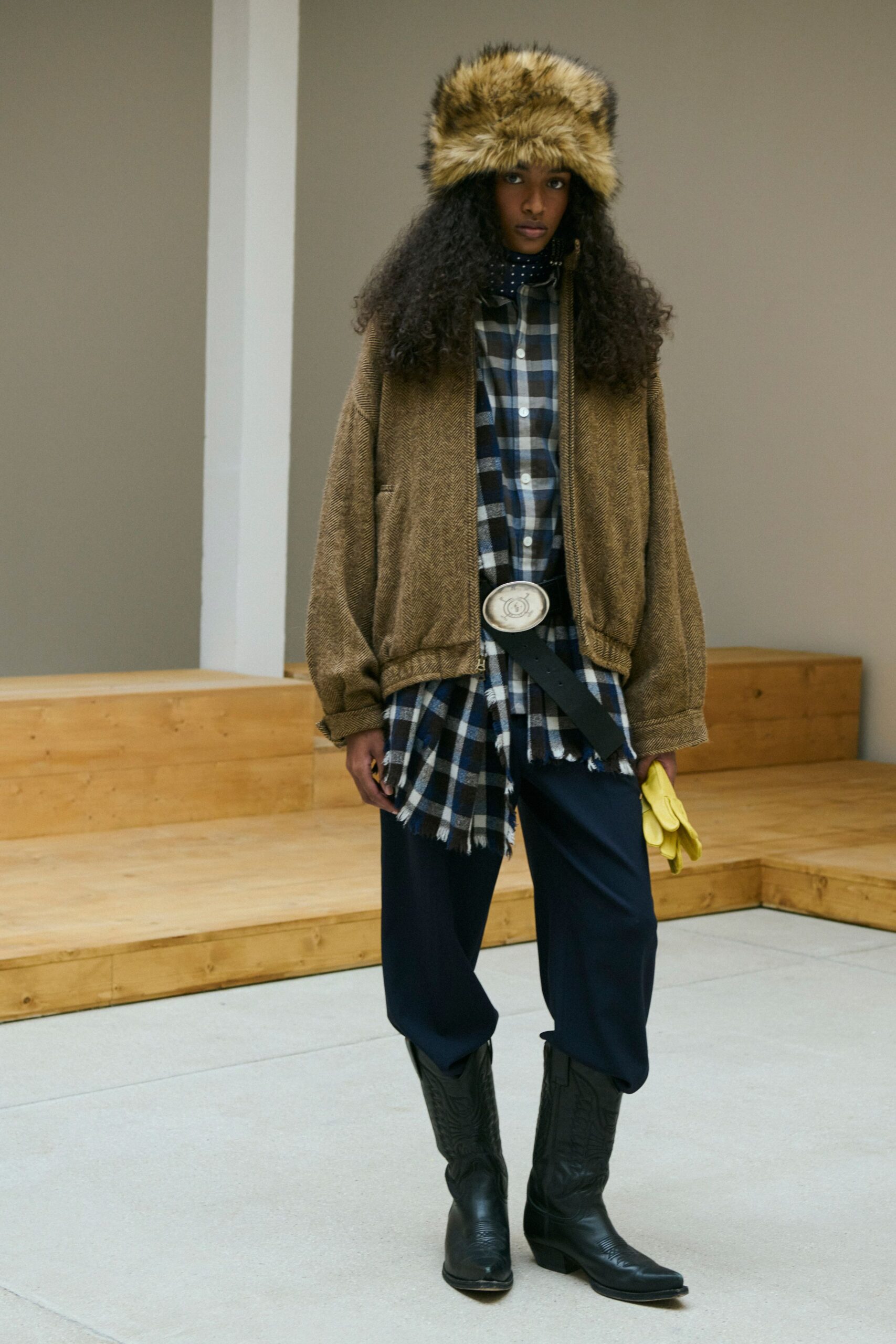 brown wool long-sleeve oversized zippered jacket