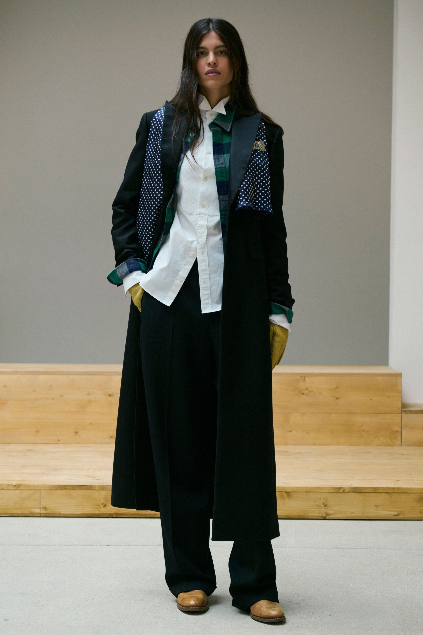 black wool long-sleeve collared relaxed buttoned maxi coat