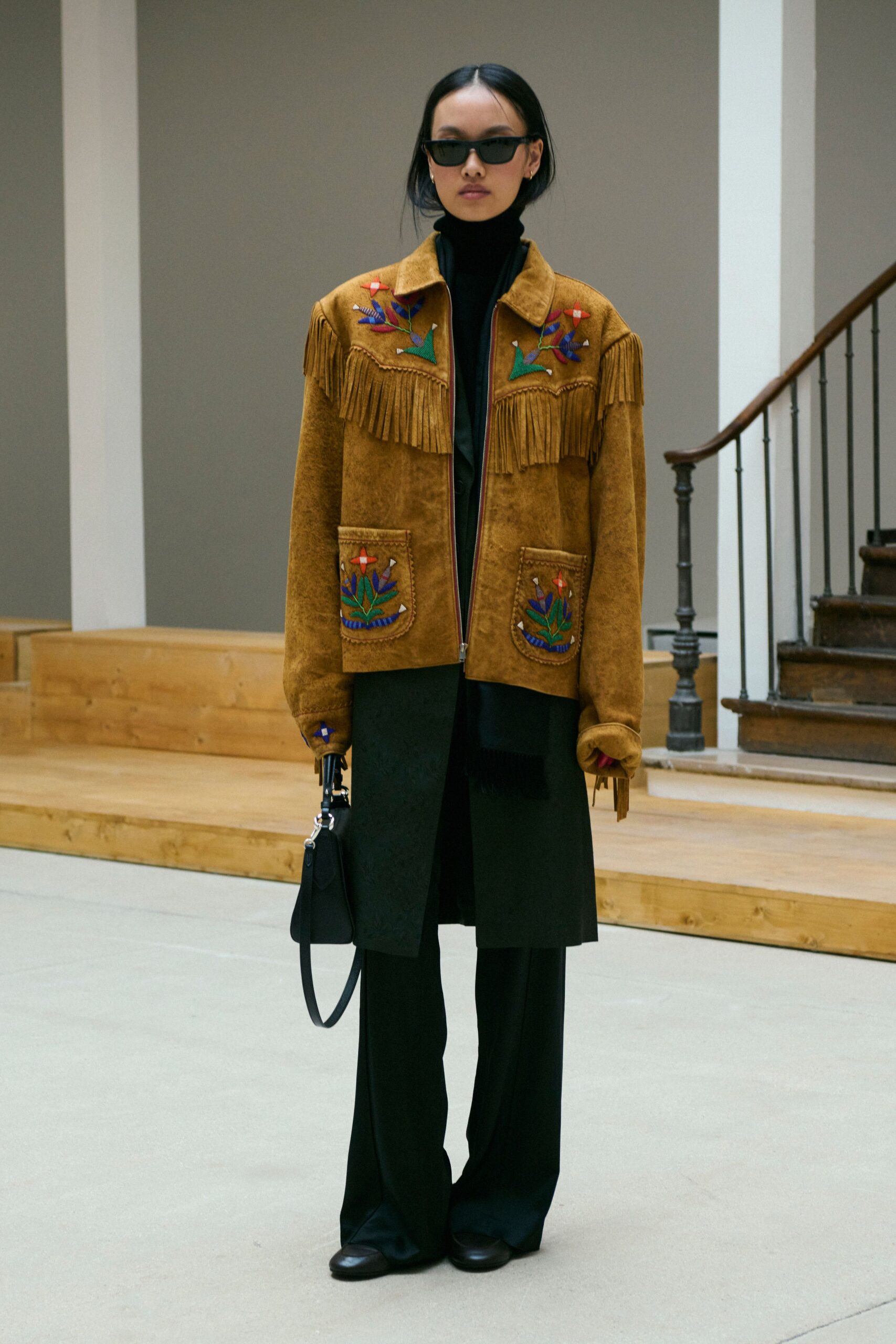 brown suede long-sleeve collared relaxed fringed embroidered jacket