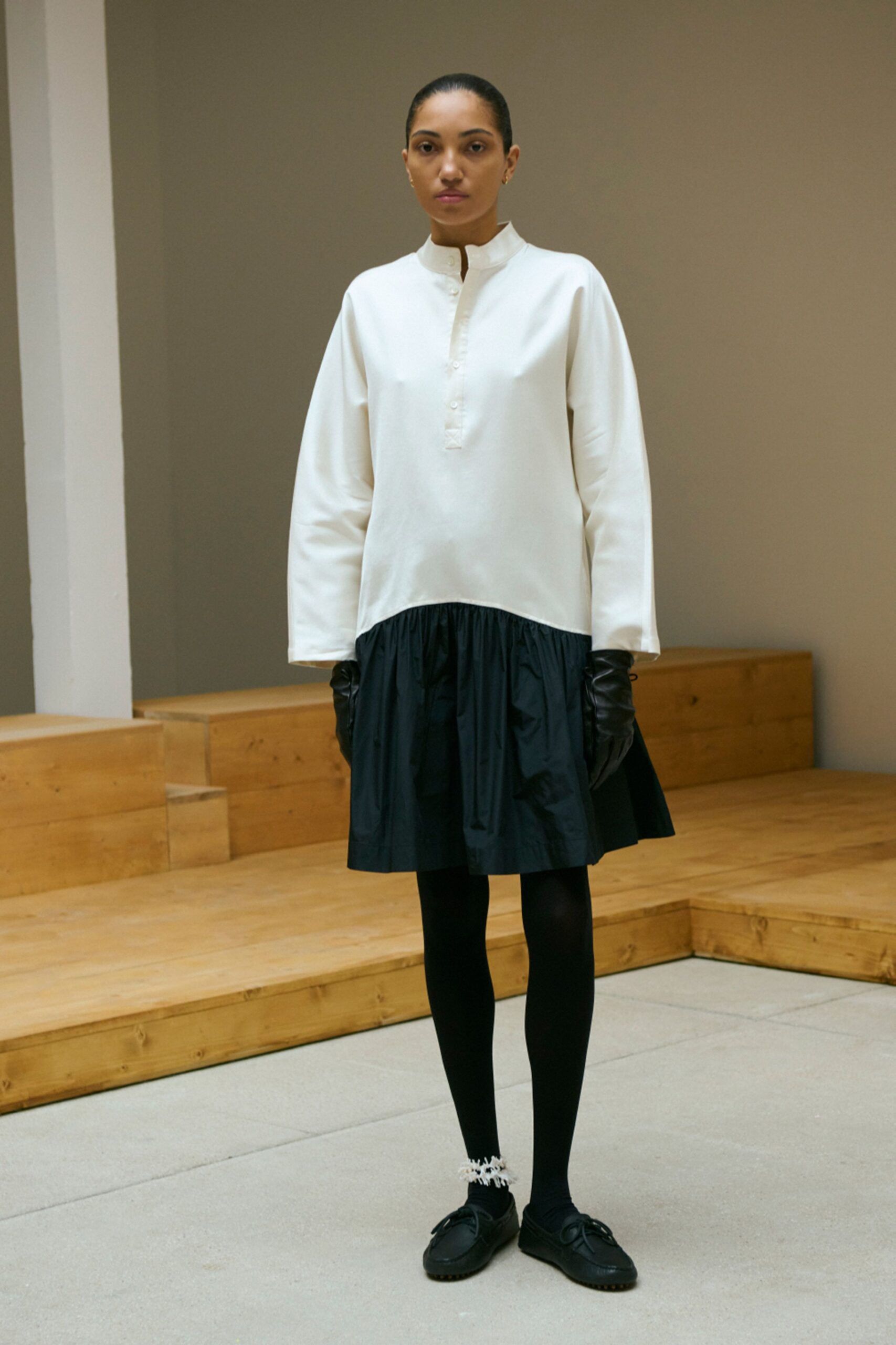 white cotton long-sleeve collared relaxed pleated short dress