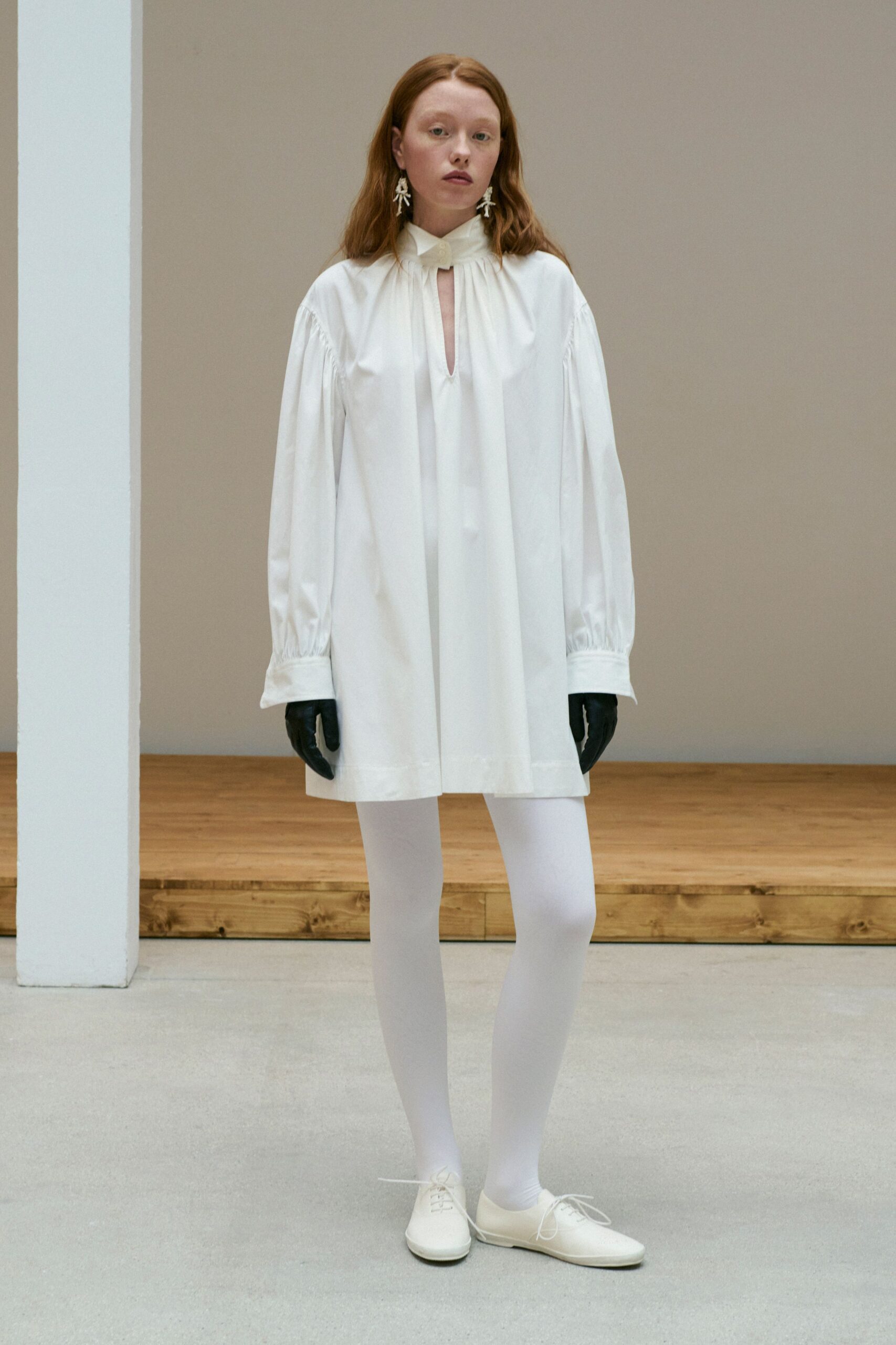 white cotton long-sleeve collared relaxed pleated short shirt-dress