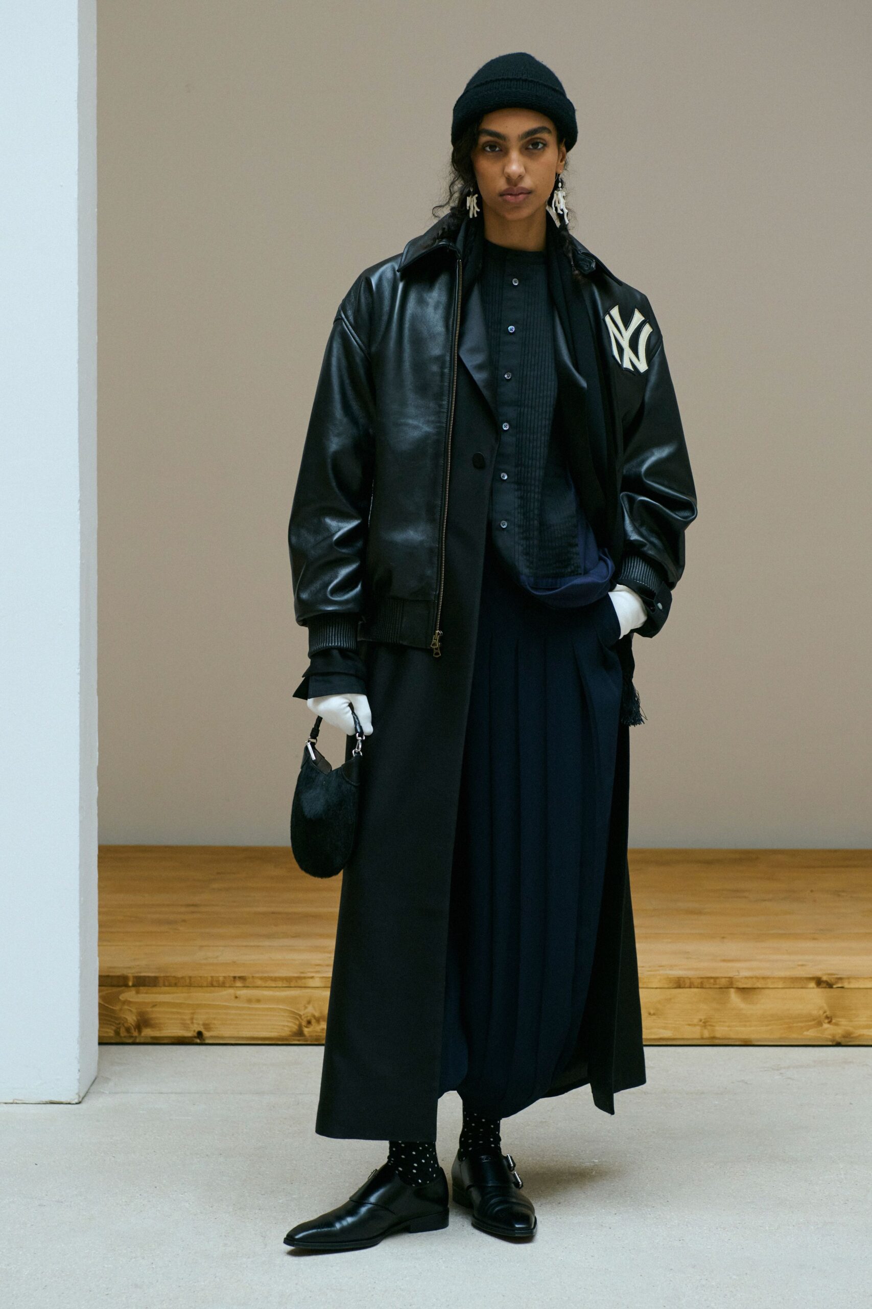 black leather long-sleeve relaxed zippered maxi coat