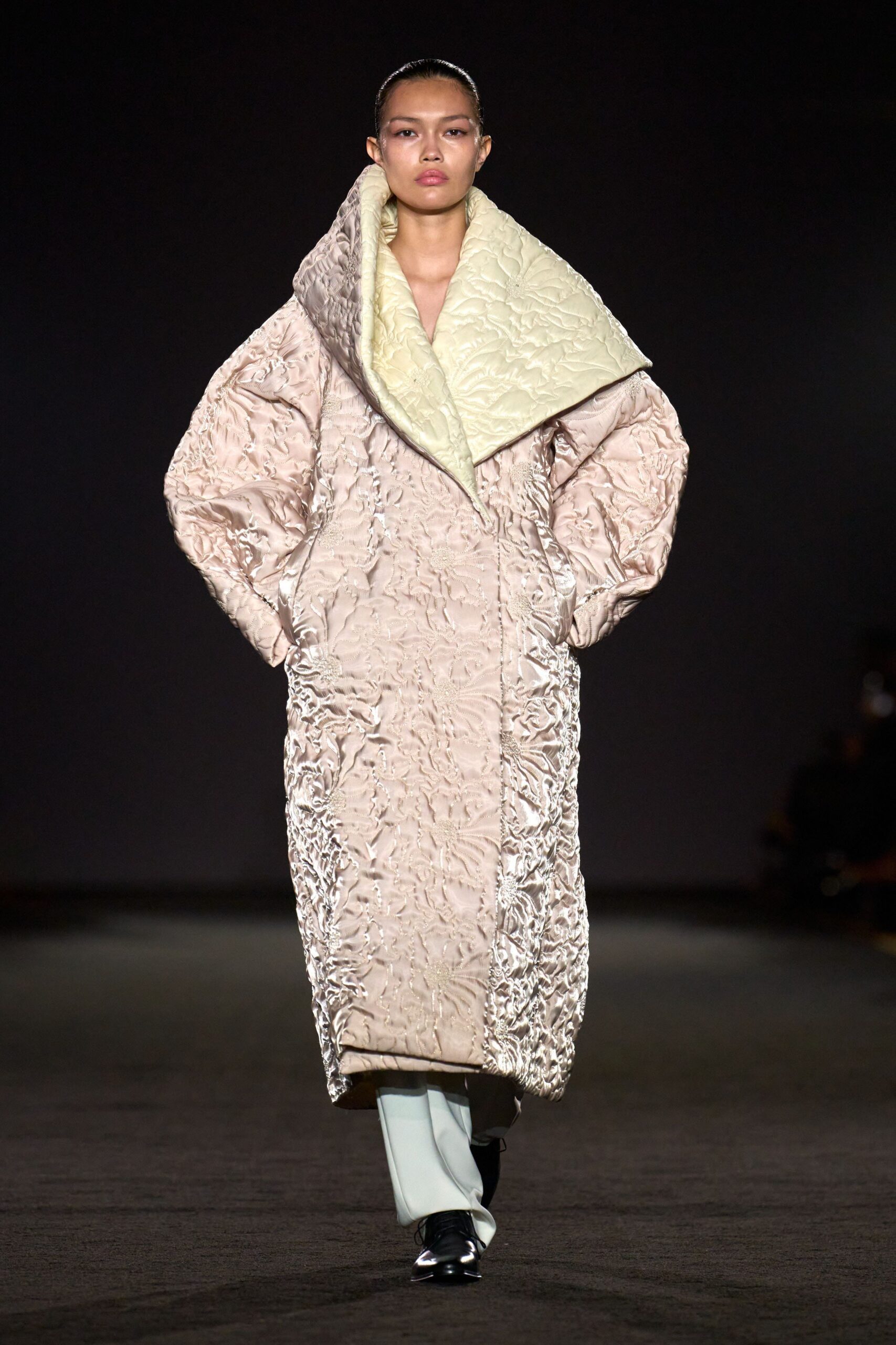 beige silk long-sleeve collared oversized quilted maxi coat