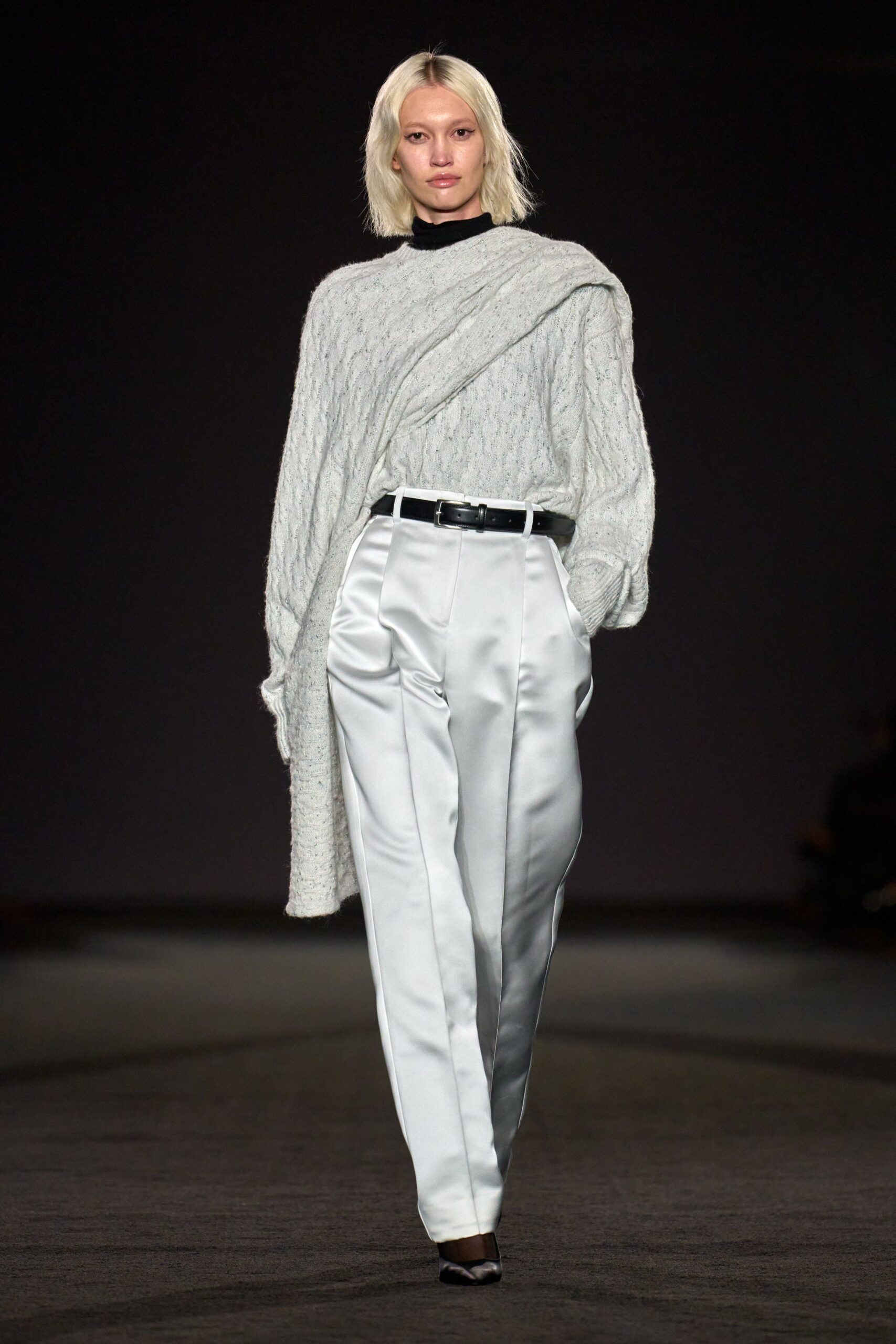gray wool long-sleeve high-neck oversized ribbed sweater