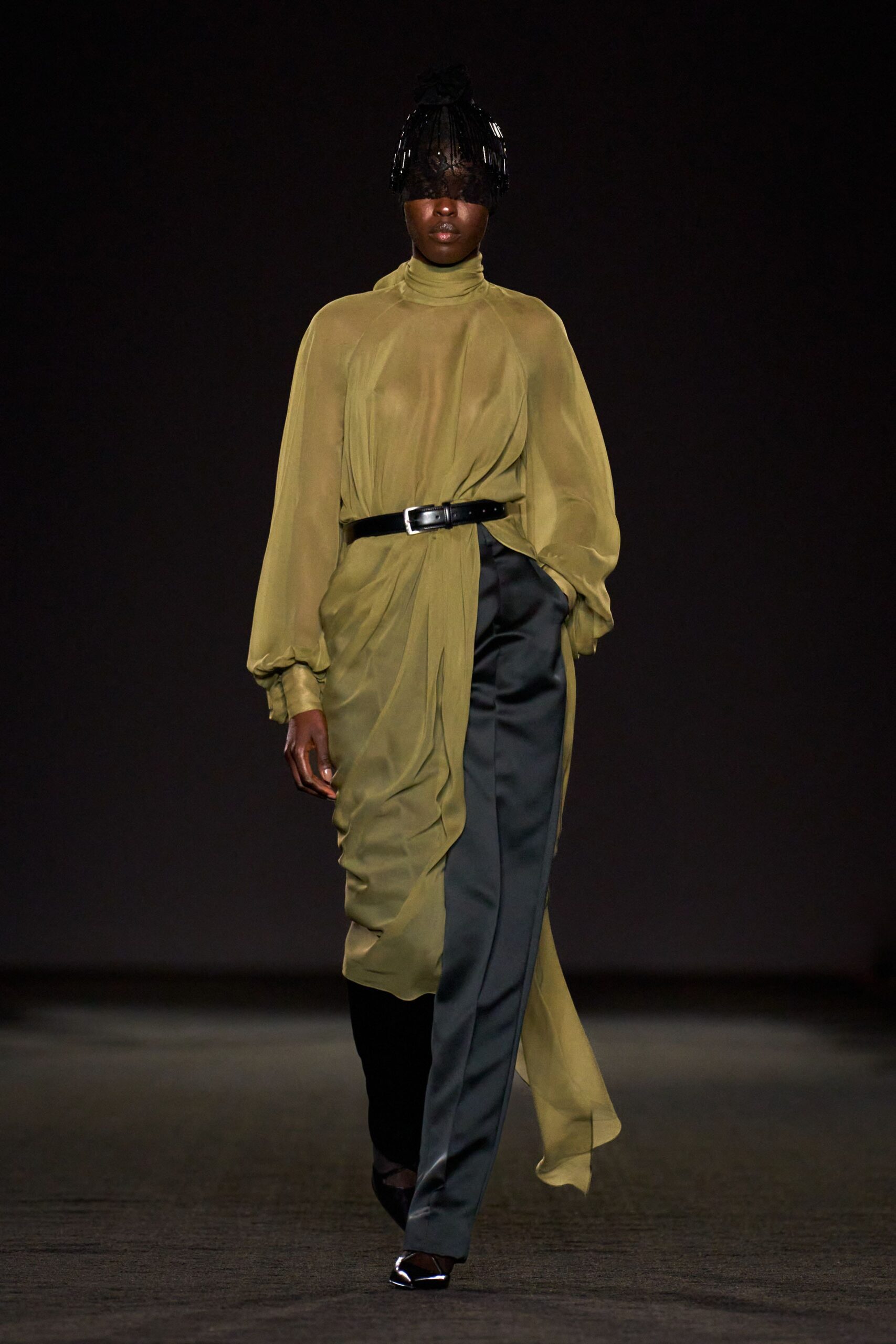green silk long-sleeve high-neck relaxed draped flowing top