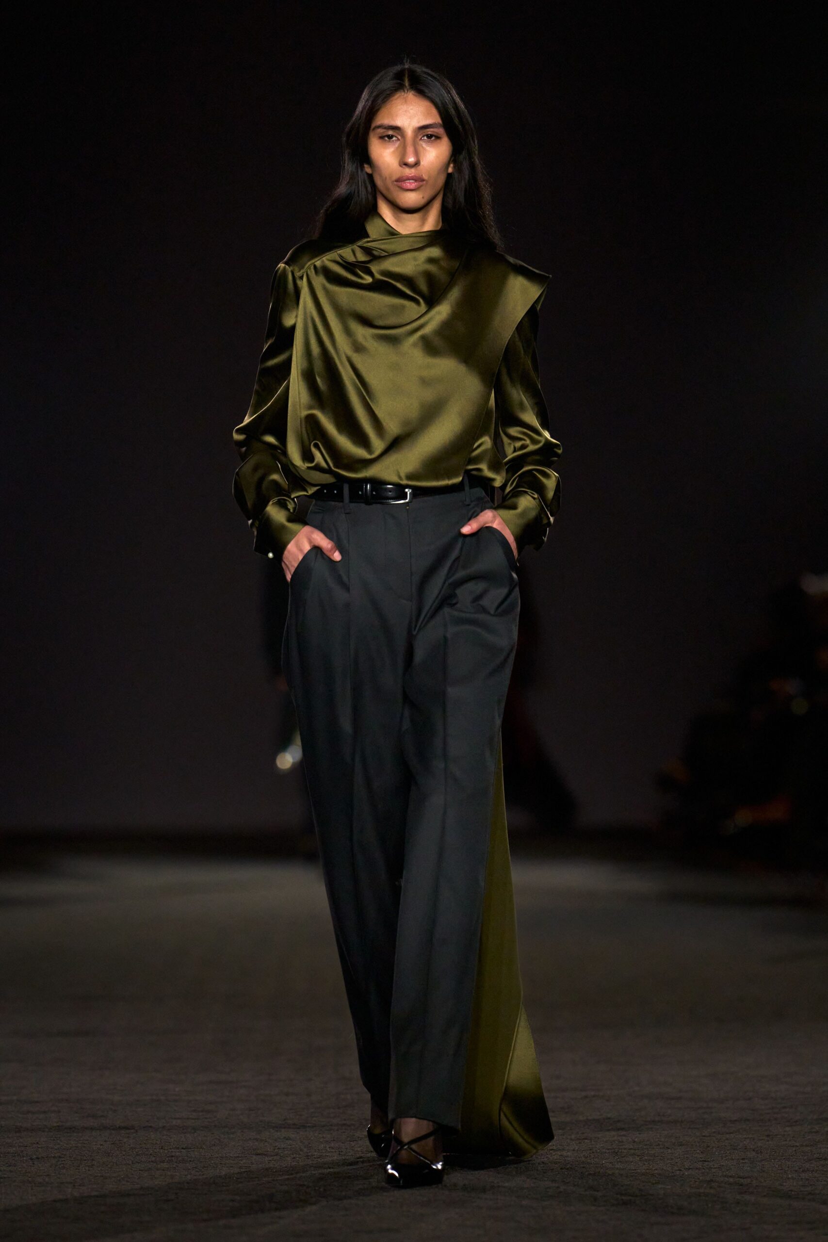 green silk long-sleeve high-neck fitted shiny shirt