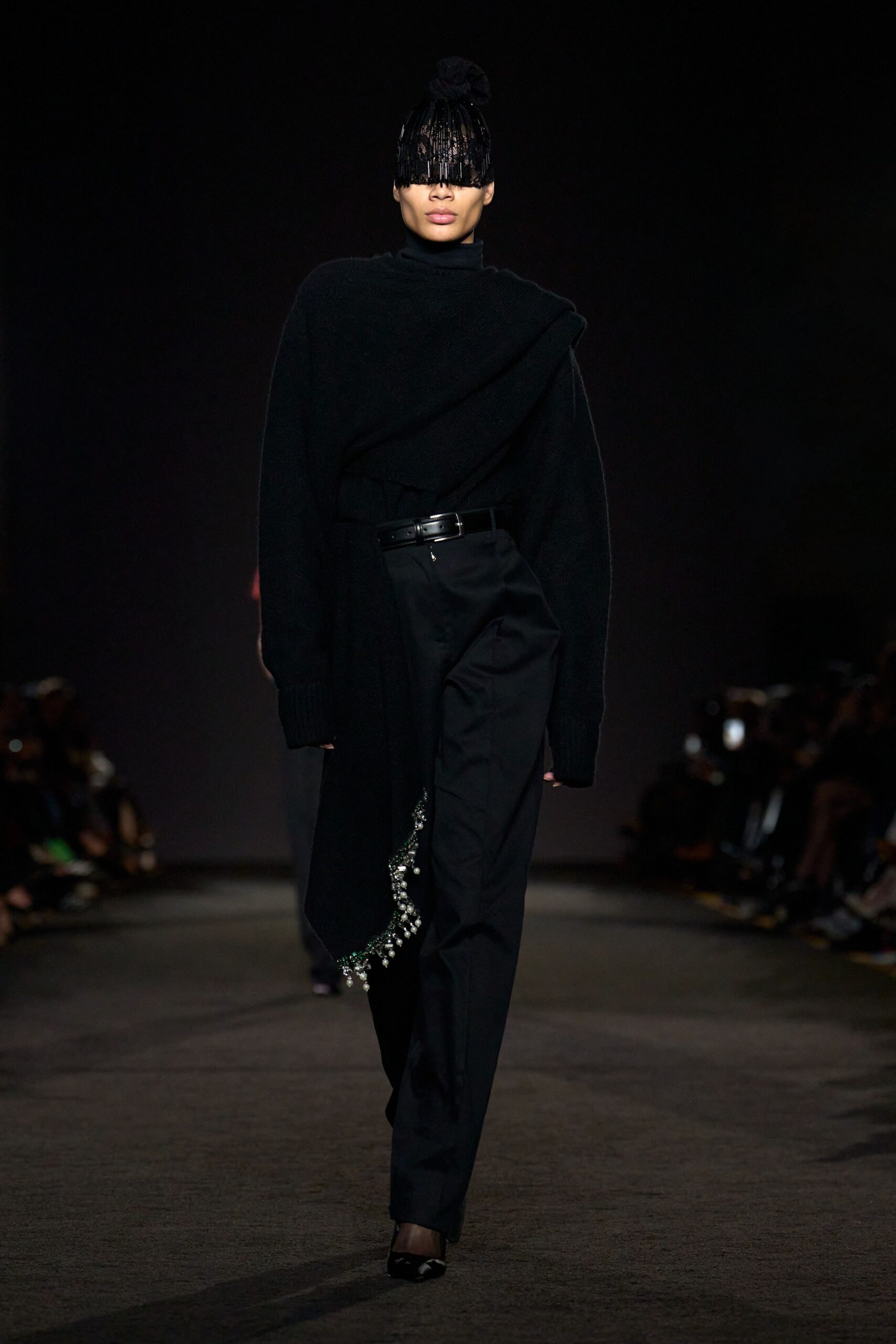 black wool long-sleeve high-neck oversized draped sweater