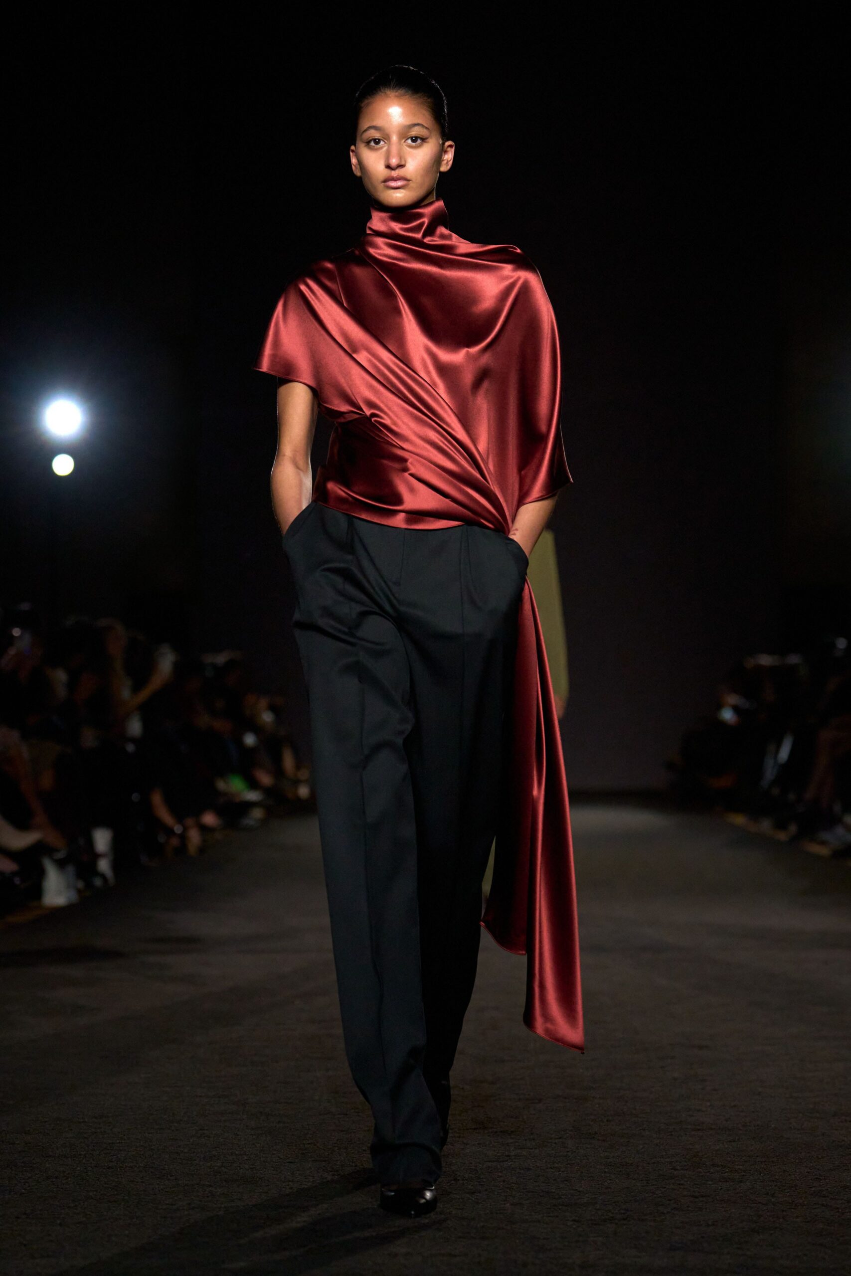 red silk short-sleeve high-neck relaxed draped top
