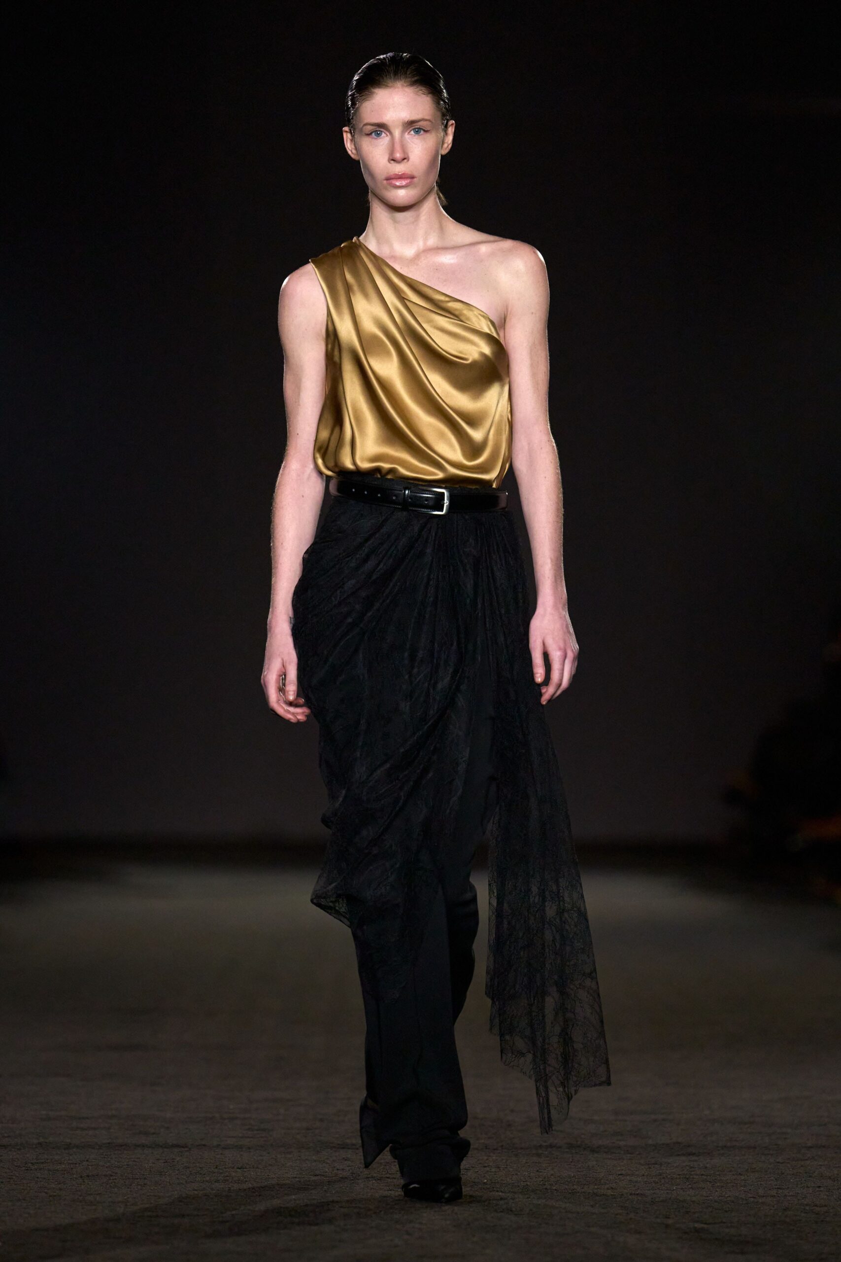 gold silk sleeveless asymmetric fitted shiny top