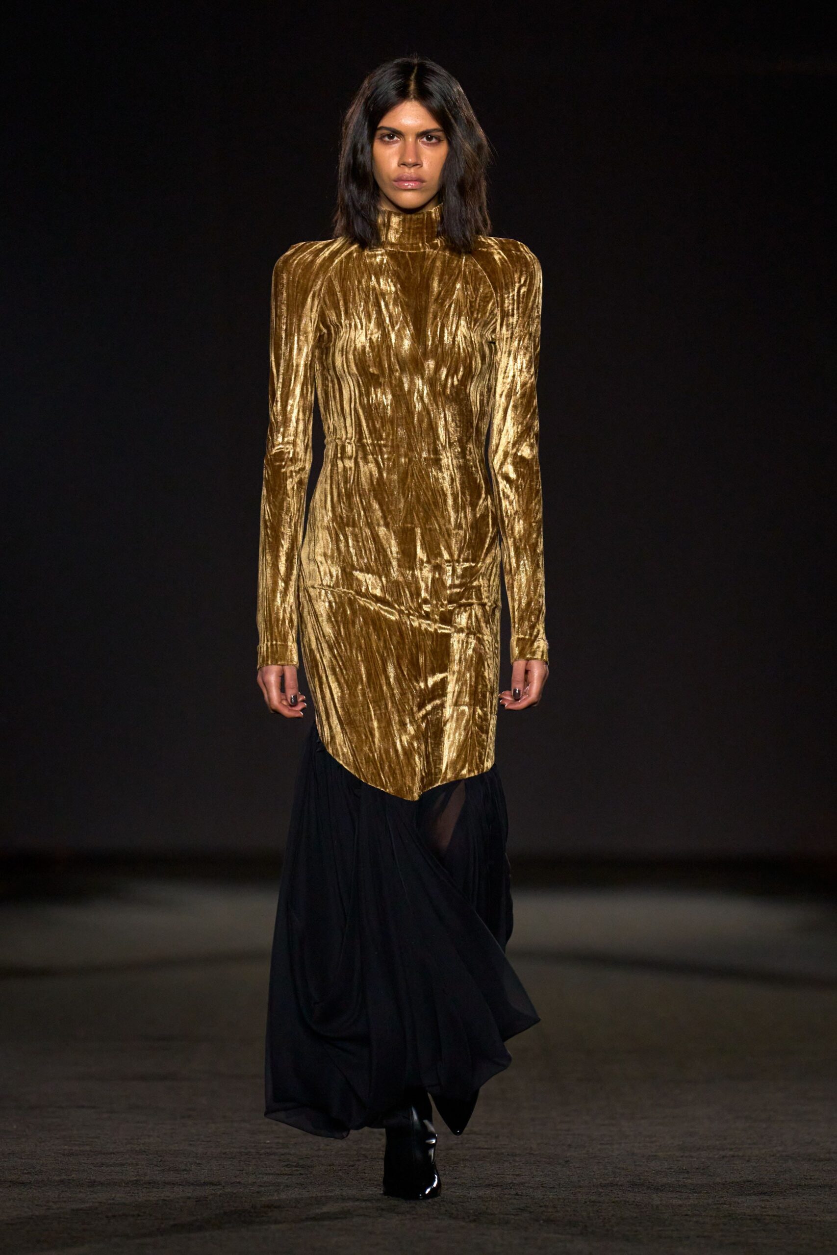gold velvet long-sleeve high-neck fitted draped shiny gown
