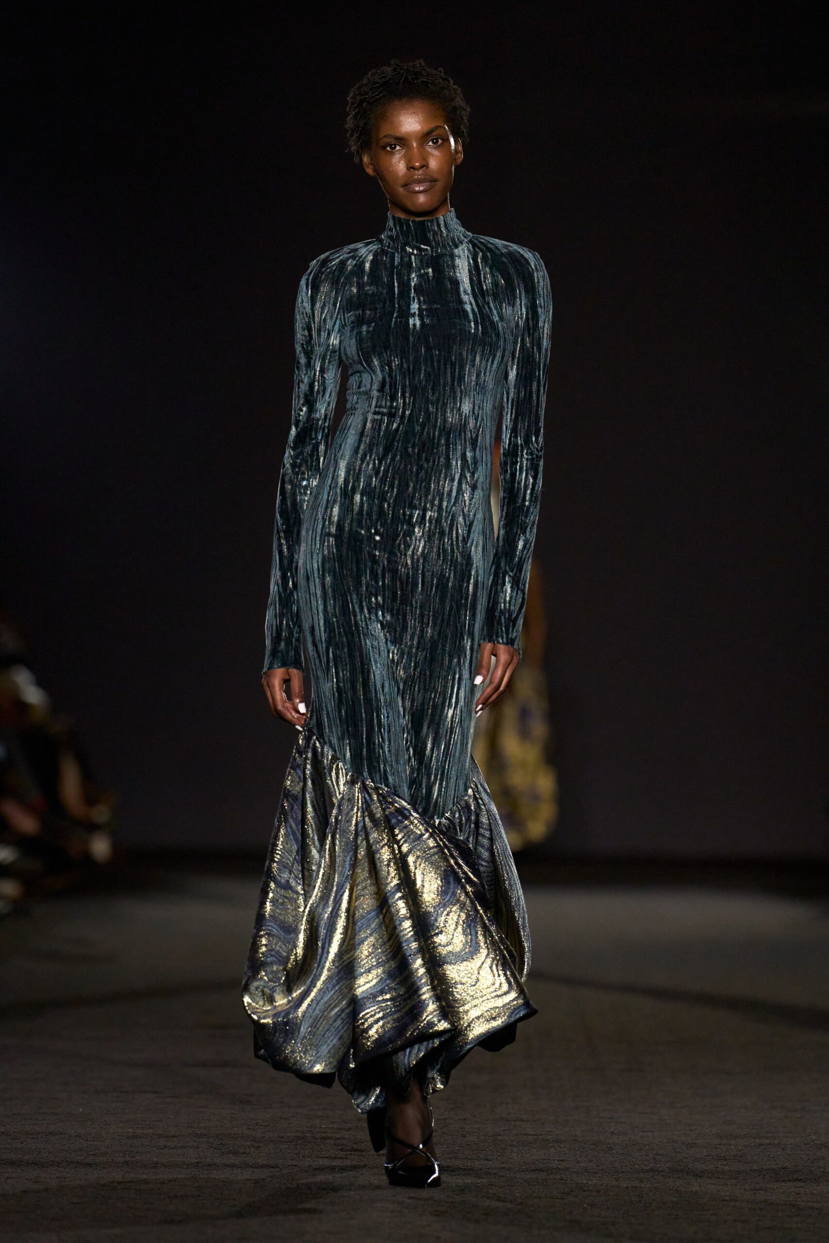 blue velvet long-sleeve high-neck fitted pleated draped gown