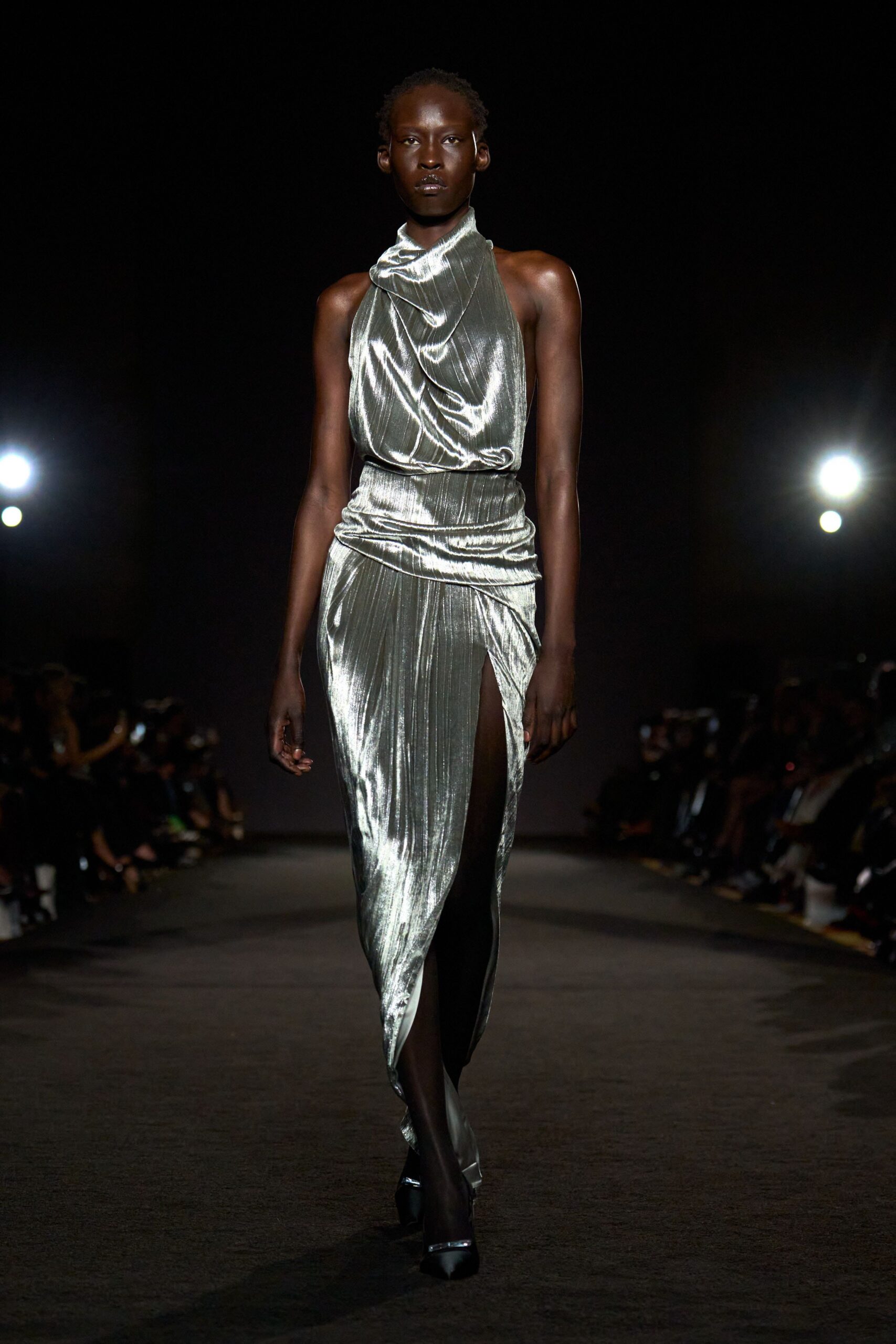 gray silk sleeveless high-neck fitted draped shiny gown