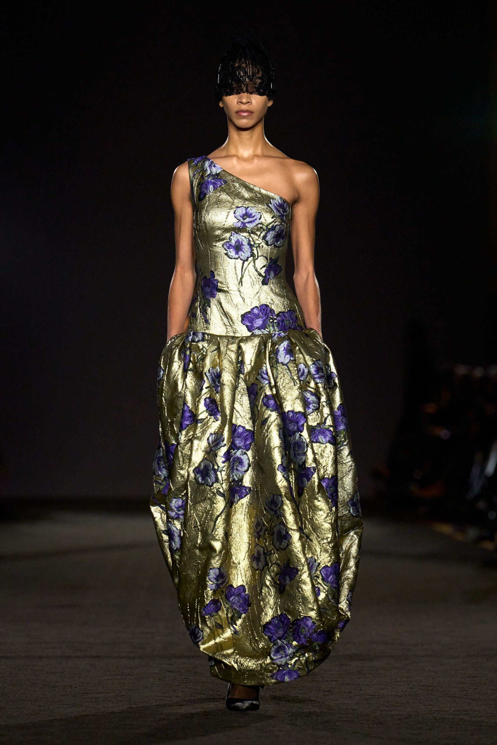gold silk sleeveless asymmetric fitted flared embroidered gown