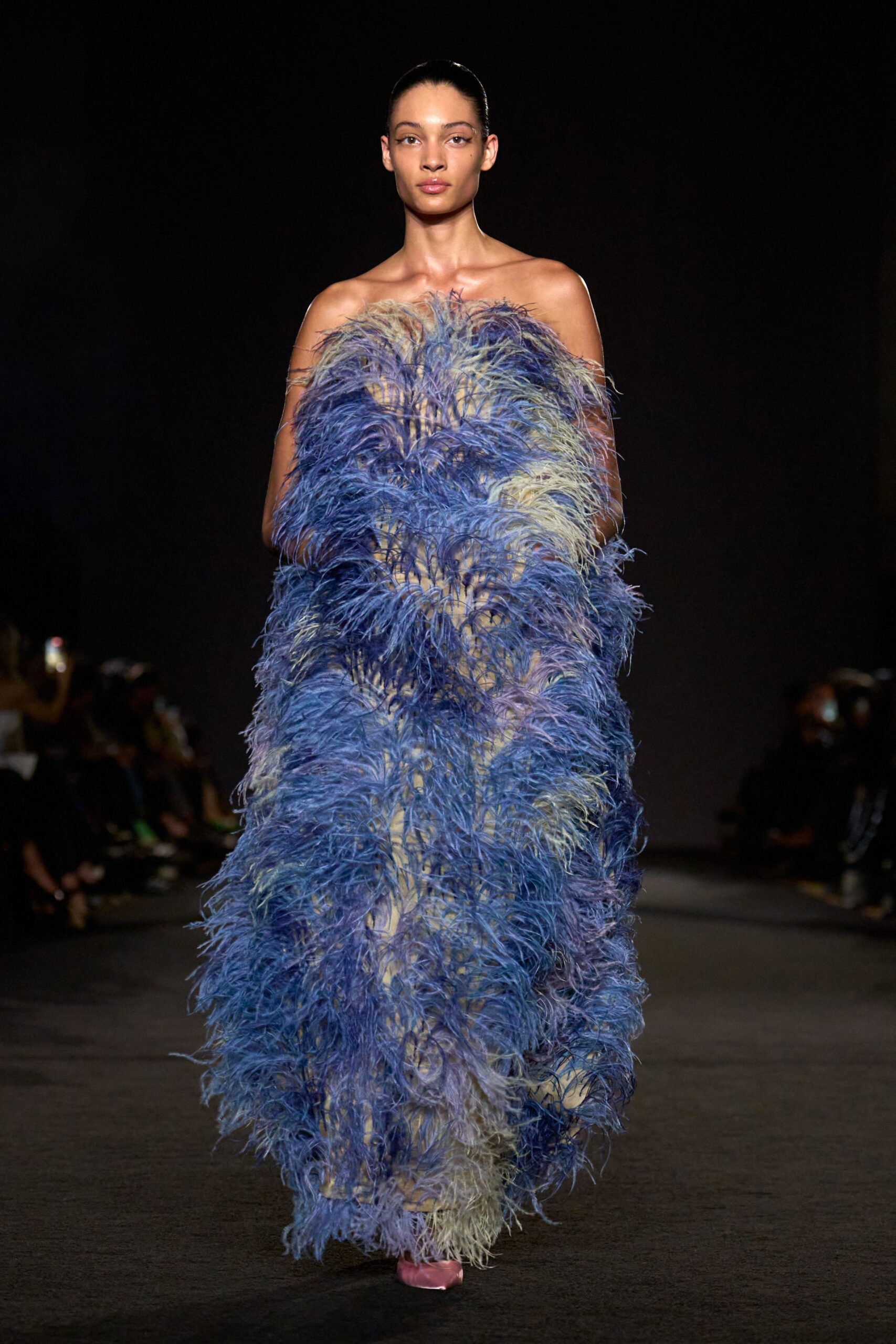 blue feather strapless fitted layered flowing maxi gown