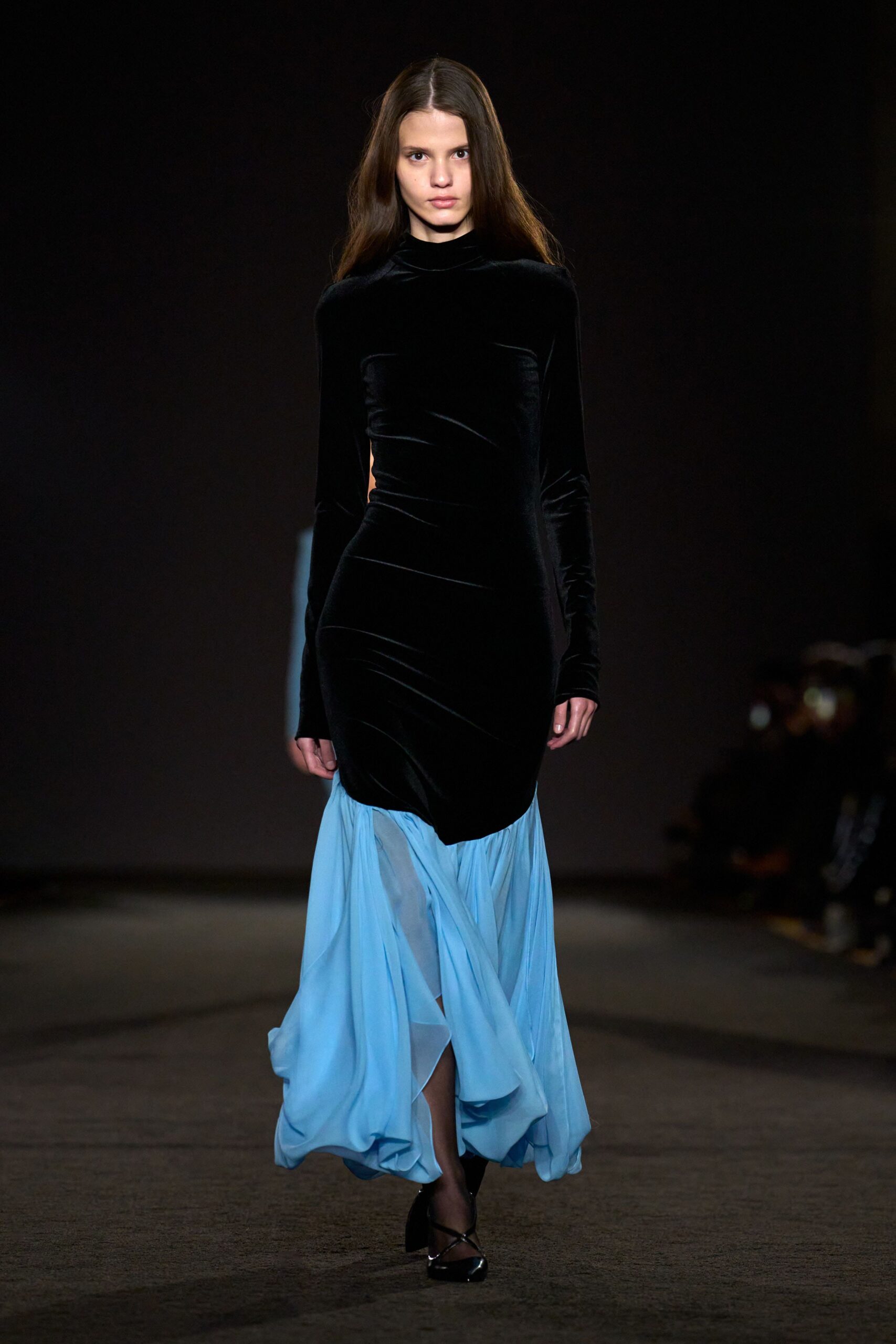 black velvet long-sleeve high-neck fitted layered flowing dress