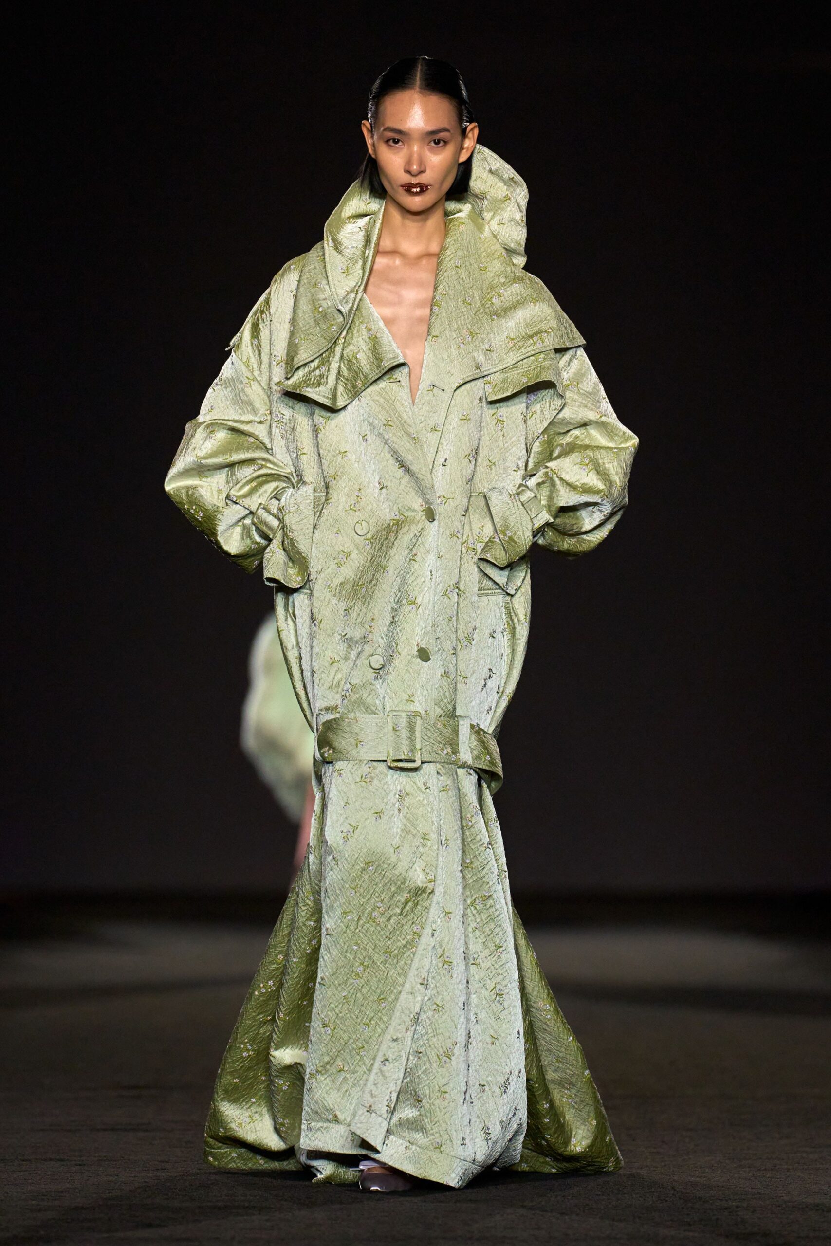 green silk oversized coat