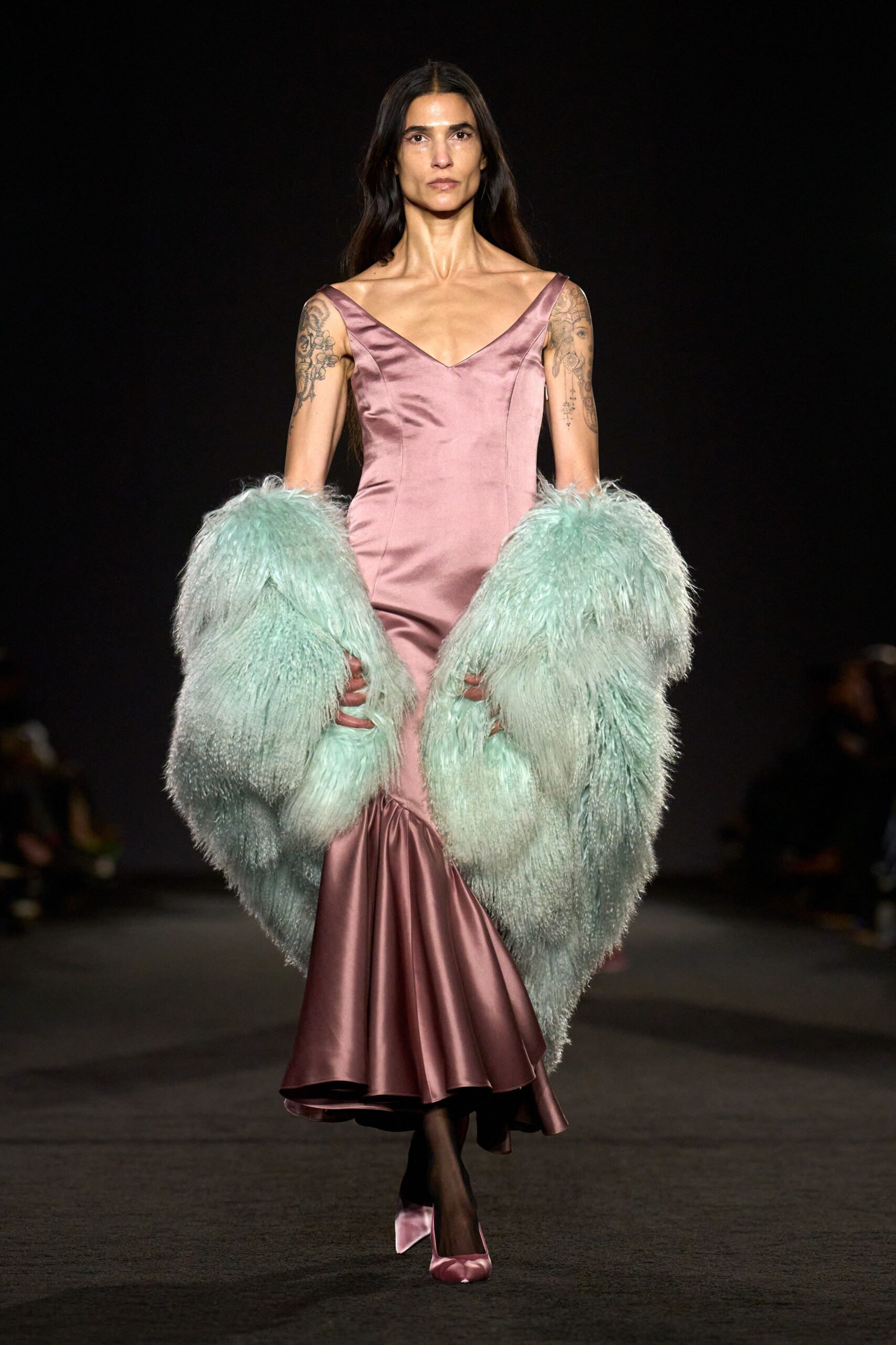 pink silk gown with fur coat